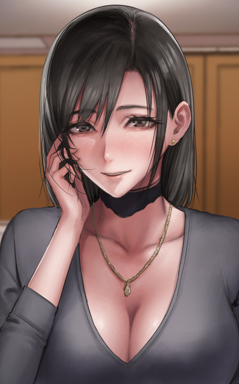 1girls artist_name artist_signature big_breasts black_hair blush blush breasts cleavage clothes clothing ear_piercing earrings female female_focus female_only hair_twirling hand_in_hair jewelry looking_at_viewer milf necktie neckwear sgk solo solo_focus wife