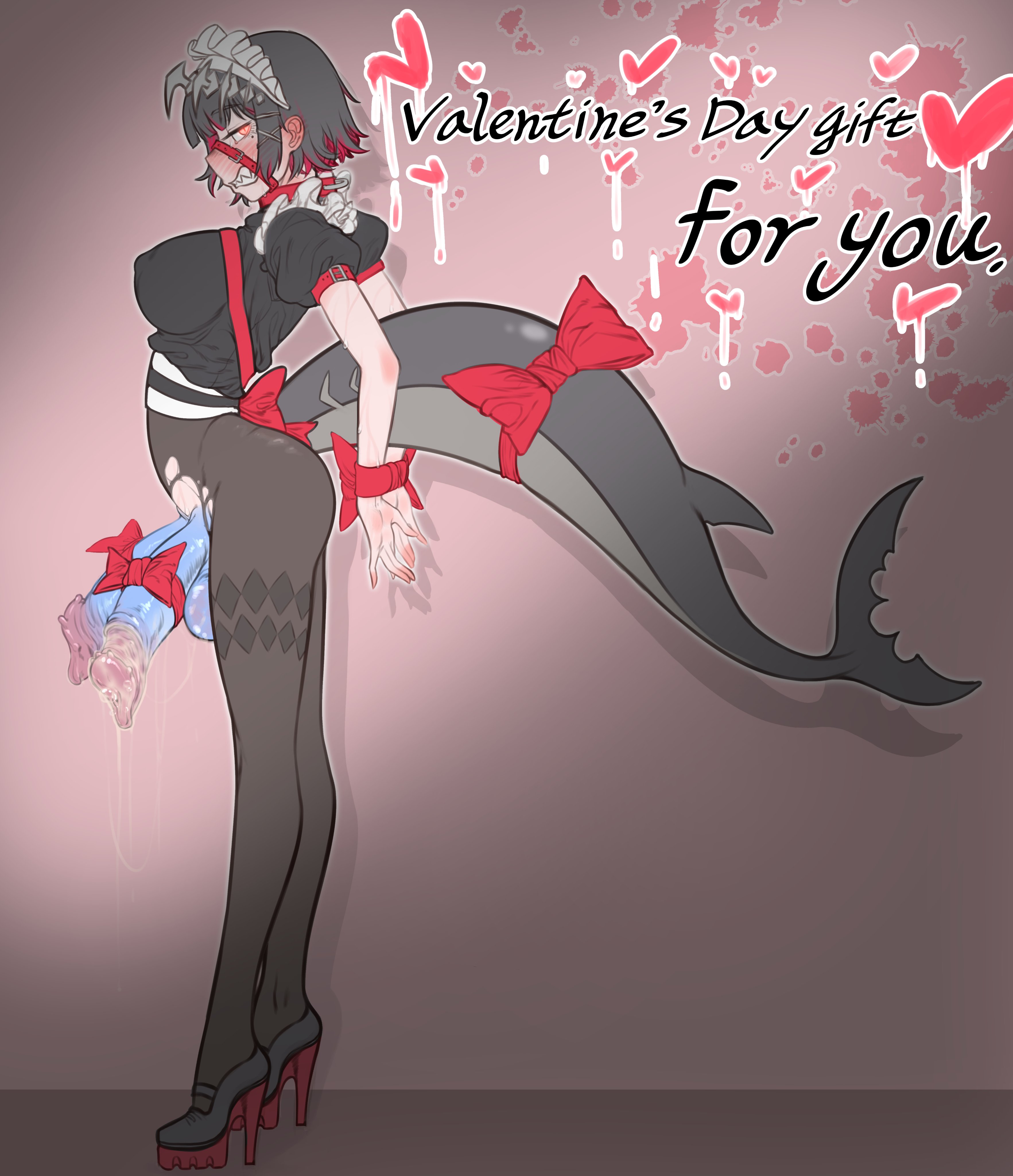 1futa, 1girls, 2 penises, angry, animal genitalia, balls, big breasts, black hair, blue penis, bound, bound wrists, breasts, clothed, clothed female, clothing, diphallism, ellen joe, erection, female, frills, futa only, futanari, gift wrapped, gift wrapping, headdress, heels, huge cock, humanoid, light skin, mostly clothed, multi penis, nipple bulge, ostyyyy, penis, ribbon, shark girl, shark tail, solo, solo futa, standing, stockings, tail, thiren, zenless zone zero
