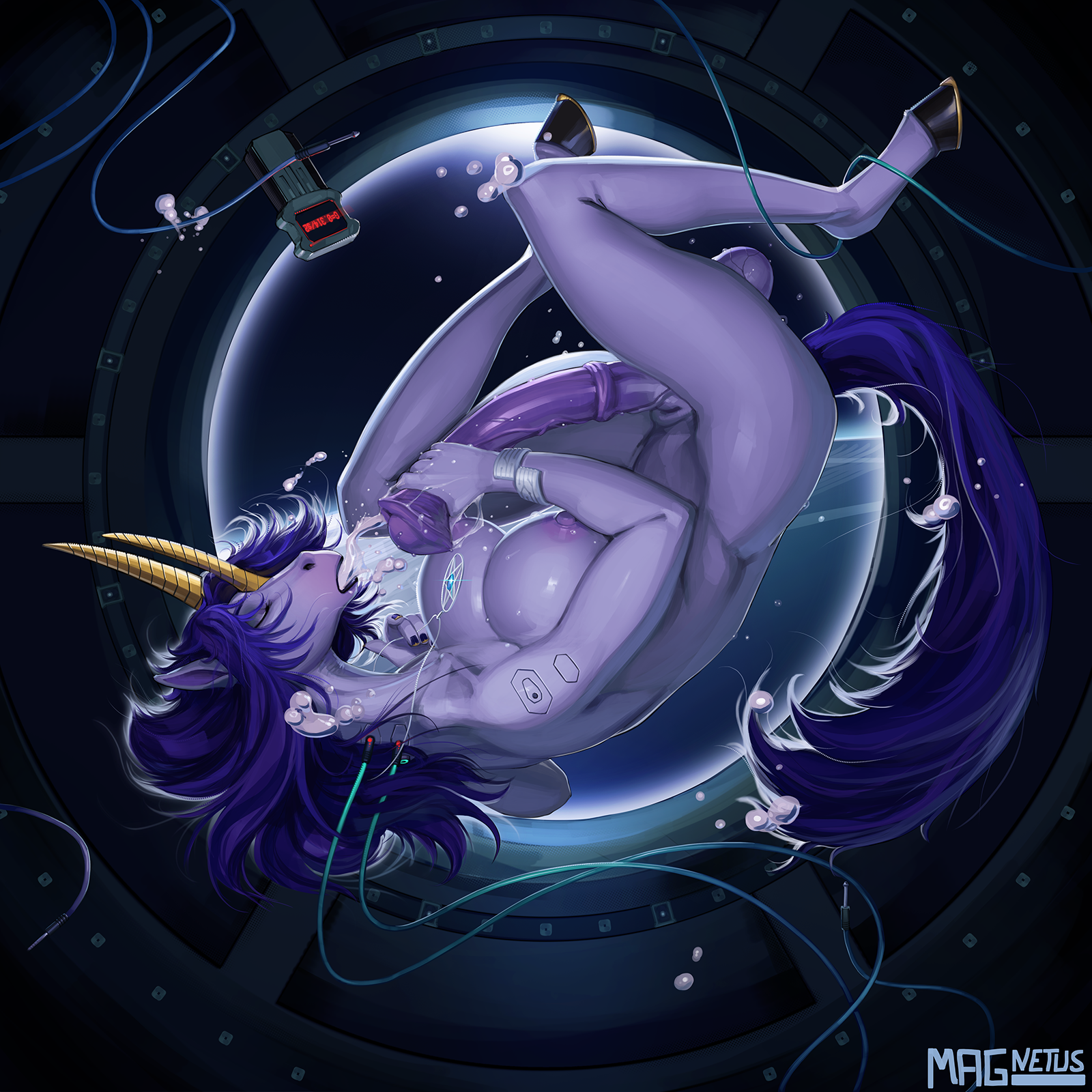 2 horns, 2026, animal genitalia, animal penis, anthro, areola, balls, bicorn, big breasts, big penis, biped, blue hair, bodily fluids, bracelet, breasts, closed eyes, cum, cum in mouth, cum in own mouth, cum in self, cum inside, cumshot, cybernetics, digital media (artwork), ejaculation, equid, equine, equine genitalia, equine penis, erection, femtoampere (character), genital fluids, genitals, gynomorph, hair, hi res, horn, huge cock, intersex, jewelry, machine, magnetus, mammal, masturbation, medial ring, nipples, nude anthro, nude gynomorph, penile, penile masturbation, penis, pink areola, pink nipples, pink penis, solo, unicorn horn, vein, veiny balls, veiny penis, white body, zero gravity