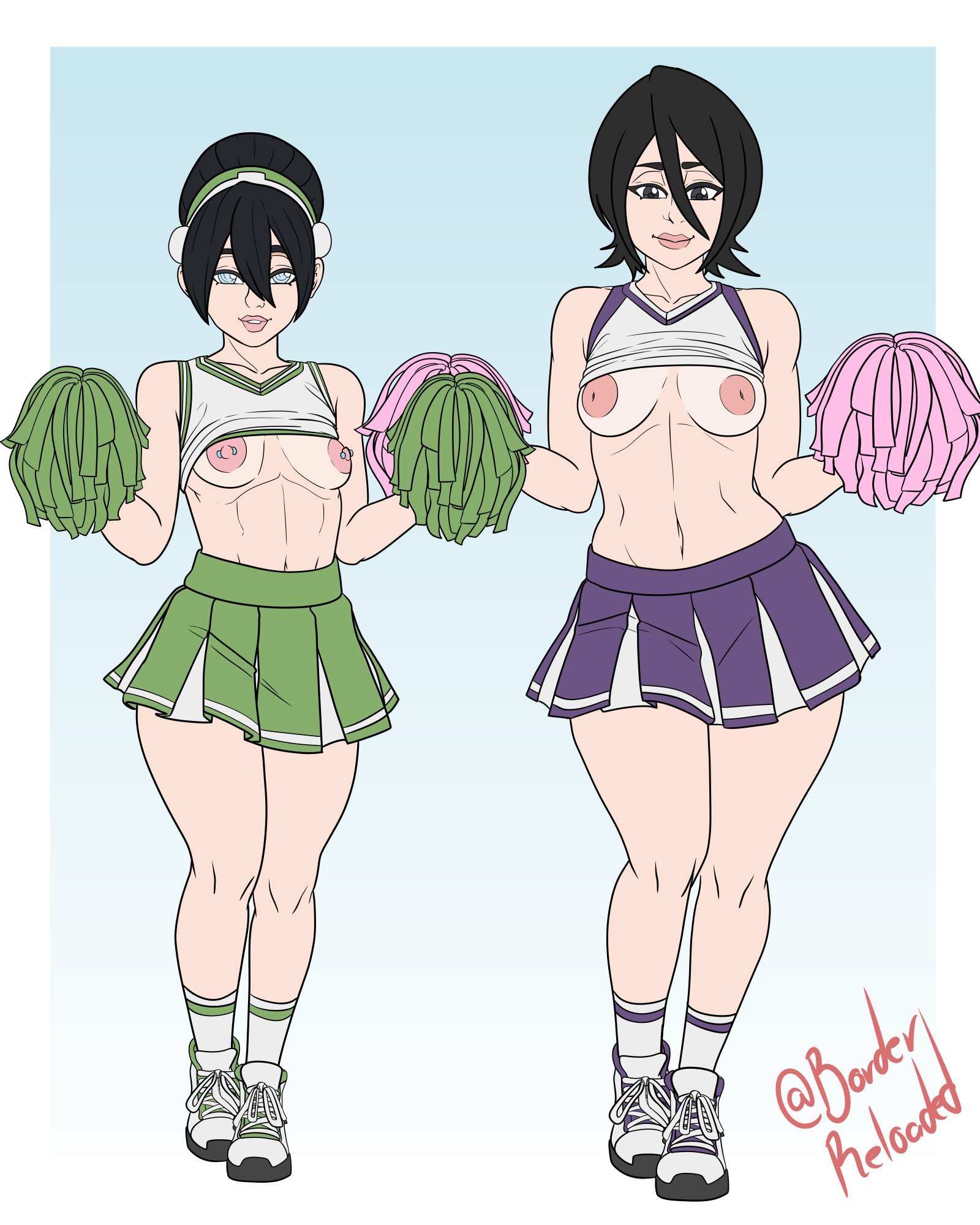 2girls, areola, areolae, avatar the last airbender, black hair, bleach, blind, borderreloaded, breasts, breasts out, cheerleader, crossover, eastern and western character, female, female focus, female only, hairband, inverted nipples, kuchiki rukia, miniskirt, nipple piercing, nipples, no bra, pierced nipples, piercing, pink nipples, short hair, shortstack, size difference, skirt, toph bei fong