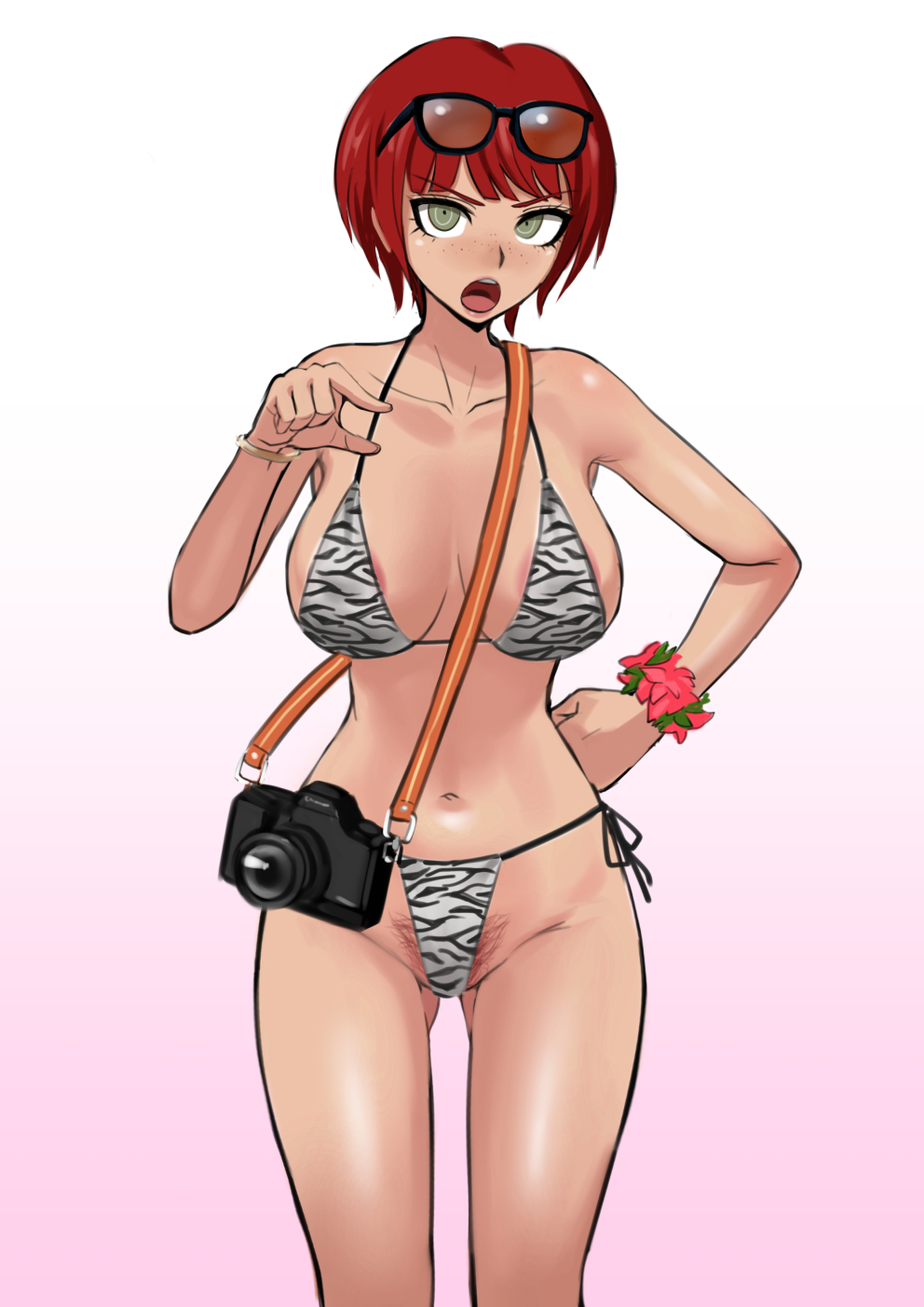 1girls akizora angry bikini camera danganronpa danganronpa_2:_goodbye_despair female freckles glasses_on_head koizumi_mahiru large_breasts lecturing_viewer looking_at_viewer pubic_hair red_hair red_pubic_hair solo solo_female straight_hair tan_skin zebra_bikini