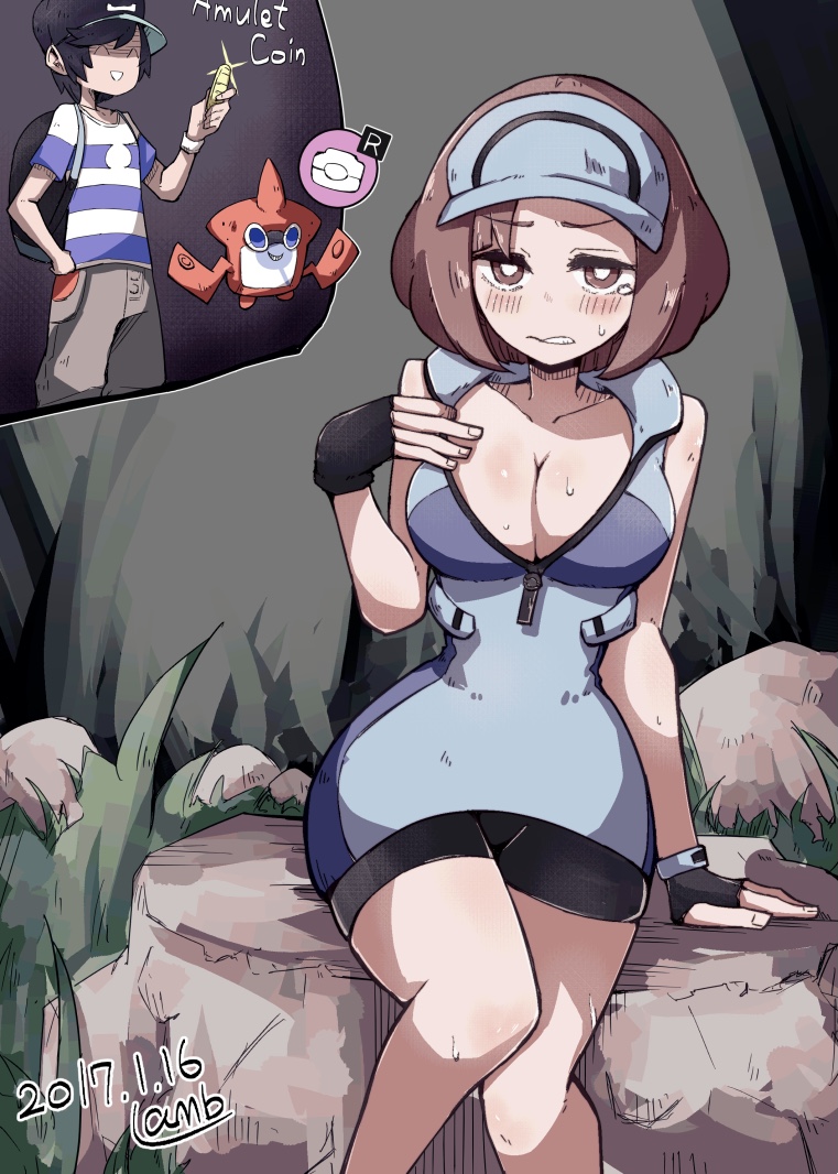 1boy 1girls ace_trainer_(pokemon) ace_trainer_(pokemon_sm) amulet_coin bike_shorts breasts cleavage defeated elio_(pokemon) female lamb-oic029 nintendo npc_trainer pokemon pokemon_sm rotom rotom_pokedex suggestive sweat undressing zipper