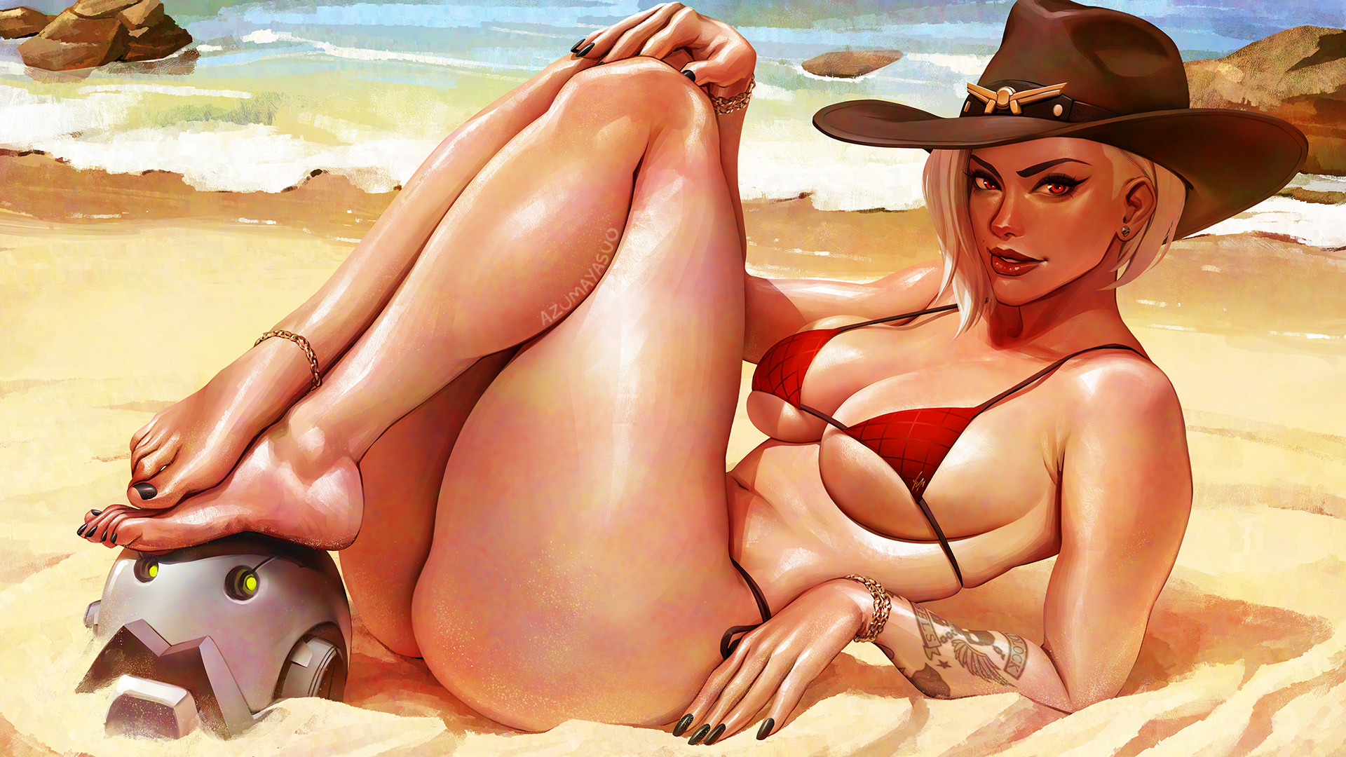 1girls, ashe (overwatch), ass, azuma yasuo, azumaarts, beach, big ass, big breasts, bob (overwatch), breasts, female, female only, overwatch, thick thighs