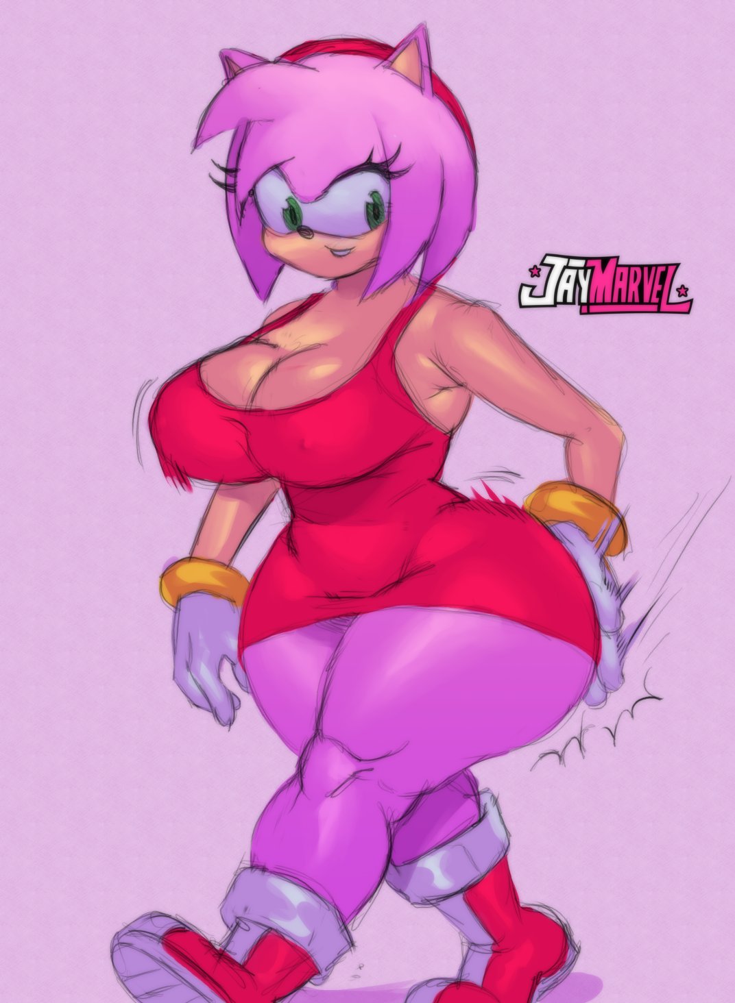 1girls, 2021, amy rose, artist name, ass, big breasts, boots, breasts, cleavage, female, female only, furry, gloves, golden bracelet, green eyes, huge ass, impact lines, jay-marvel, piercing, pink fur, pink hair, pinup, red dress, seductive smile, sega, smacking ass, sonic (series), spanking own ass, teasing, thick, thick legs, thick thighs, voluptuous, wide hips