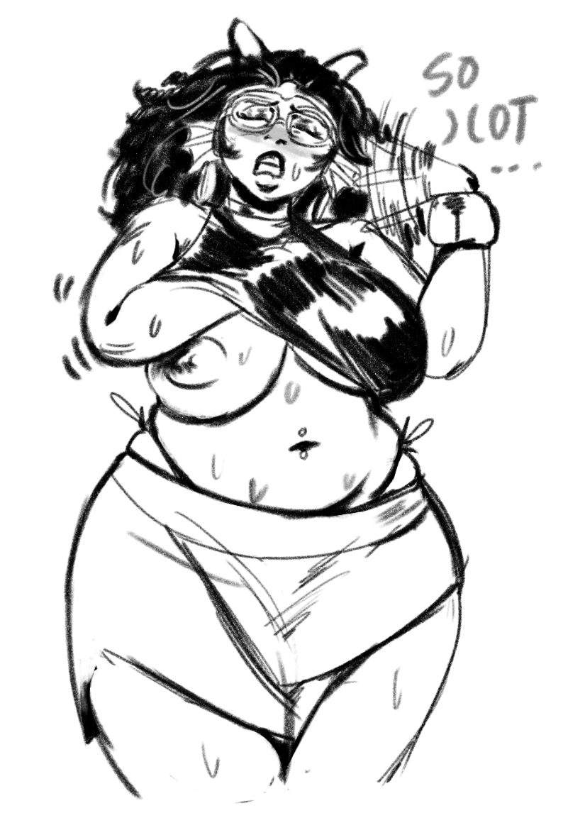 1girl, 1girls, alien, alien girl, alien humanoid, areolae, artist request, big areola, big areolae, black and white, black hair, bottomwear, breasts, breasts out, child bearing hips, clenched teeth, clothing, curvaceous, curvaceous female, curvaceous figure, curves, curvy, curvy body, curvy female, curvy figure, curvy hips, dialog, dialogue, eyewear, fanning self, feferi peixes, female, female focus, female only, glasses, glasses on head, hair, hand under clothes, hand under shirt, hips, hips wider than shoulders, homestuck, homestuck troll, horns, long hair, monochrome, ms paint adventures, nipples, open mouth, sagging breasts, saggy boobs, saggy breasts, slightly chubby, slightly chubby female, solo, solo female, sweat, sweating, sweaty, sweaty body, sweaty breasts, teeth, teeth clenched, teeth showing, thick thighs, thighs, topwear, topwear lift, waving, waving hand