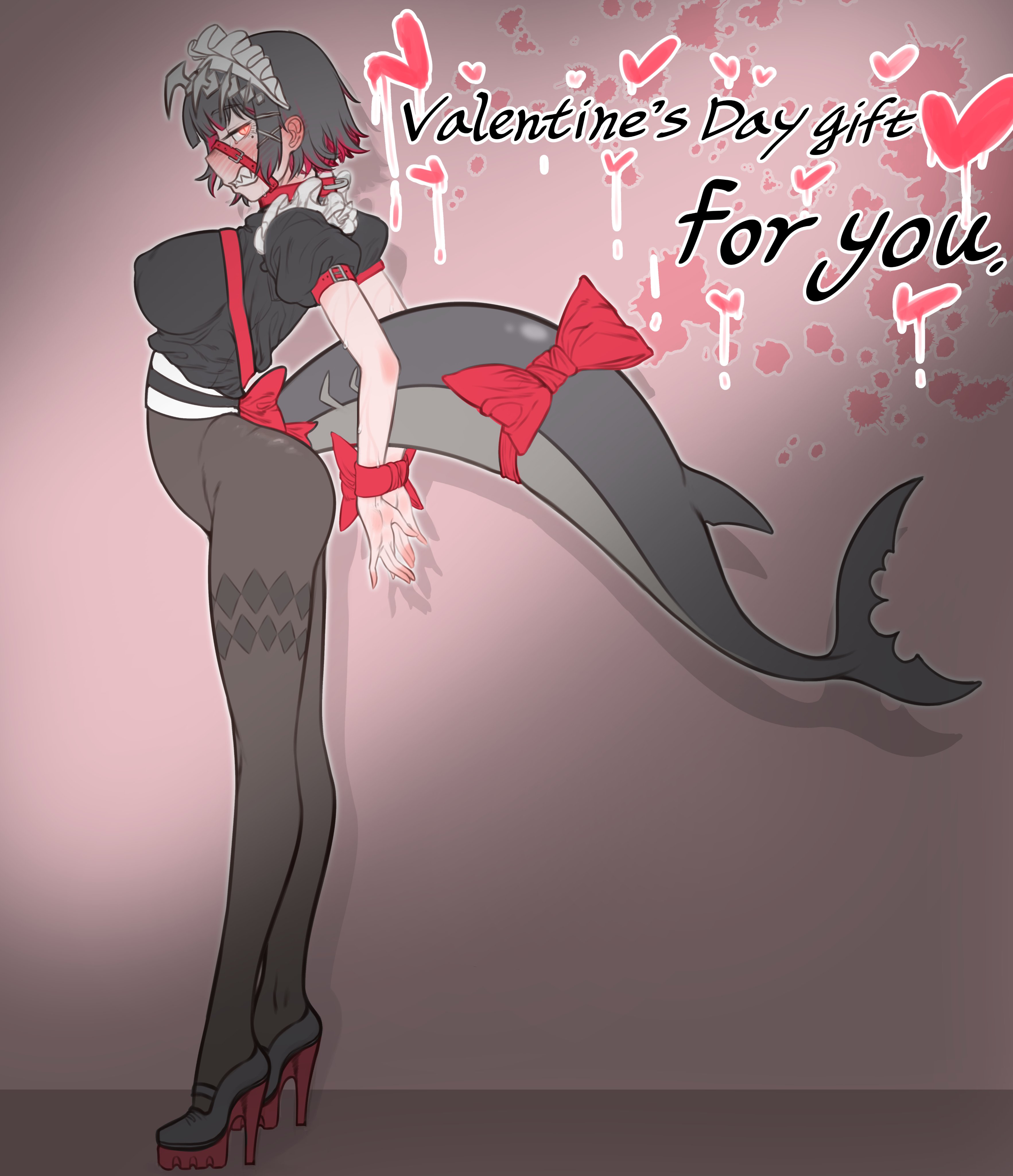 1girls, angry, big breasts, black hair, bondage, bound, bound wrists, breasts, ellen joe, female, frills, gift wrapped, gift wrapping, headdress, heels, long legs, maid headdress, muzzled, nipple bulge, ostyyyy, ribbon, shark girl, shark tail, sharp teeth, short hair, stockings, tail, thiren, zenless zone zero