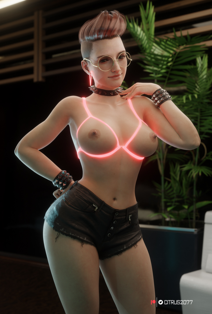 1girls, 2025, 3d, areolae, big breasts, bra, breasts, citrus2077, collar, cowboy shot, cupless bra, cyberpunk 2077, eyewear, female, female only, glowing clothes, hip tilt, legs apart, looking at viewer, navel, neon earrings, nipples, pompadour, rachel casich, round eyewear, shaved side, short shorts, shorts, smile, solo, spiked collar, standing, thighs, wide hips