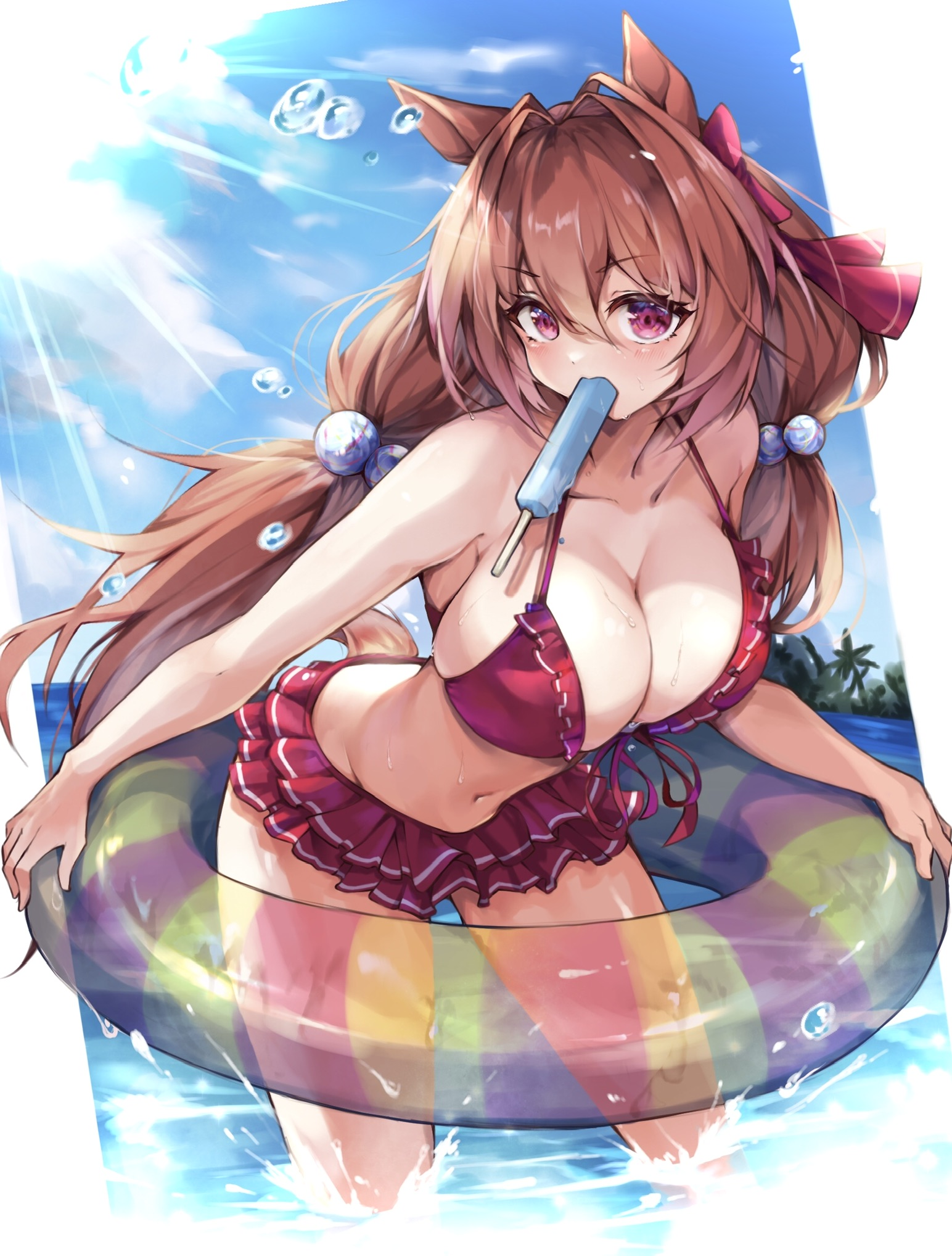 animal ears, bare arms, bare shoulders, beads, bikini, blue sky, breasts, brown hair, cleavage, collarbone, daiwa scarlet (mini vacation) (umamusume), daiwa scarlet (umamusume), day, female, female only, food, food in mouth, frilled bikini, frills, hair beads, hair between eyes, hair intakes, hair ornament, hair ribbon, highres, horse ears, horse girl, horse tail, innertube, large breasts, leaning forward, light-skinned female, long hair, looking at viewer, misoni (mi so ni t), navel, official alternate costume, outdoors, popsicle, red bikini, red eyes, red ribbon, ribbon, sky, solo, summer, sunlight, swim ring, swimsuit, tail, twintails, umamusume, very long hair, wading