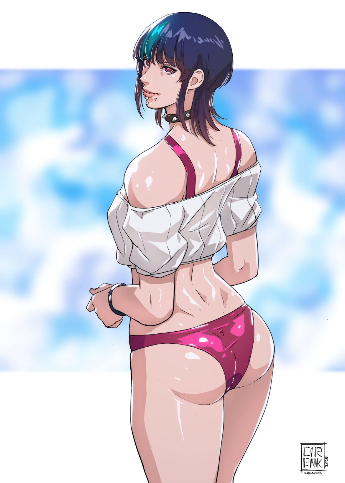 ambiguous gender, ambiguous genitalia, ass, backside, big ass, blue hair, cirenk, hoshi kirara, jujutsu kaisen, legs, lip piercing, off shoulder shirt, panties, piercing, piercings, pink underwear, short hair, tagme, thick ass, thick thighs