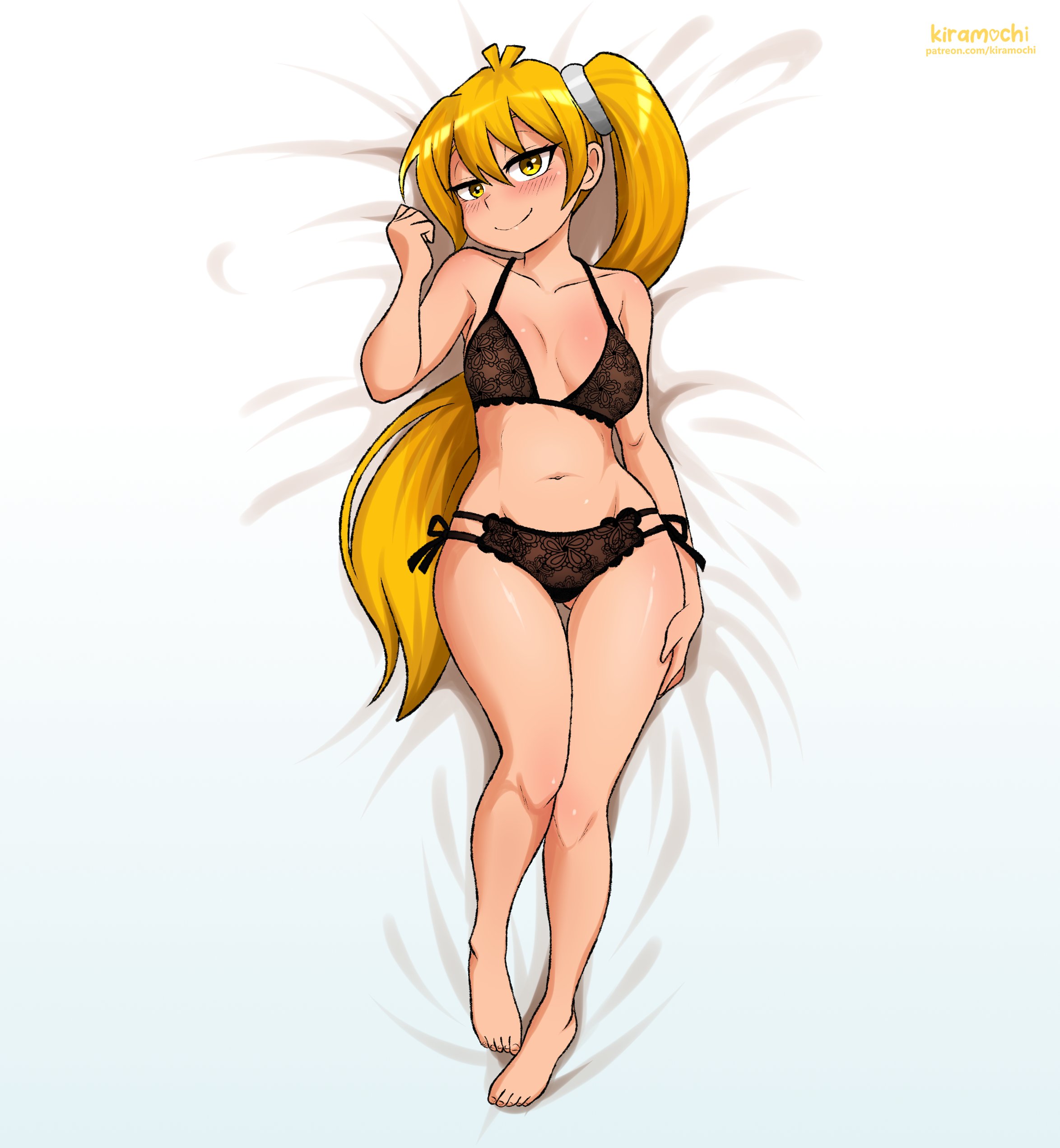 1girls, akita neru, arm up, blonde hair, blush, brown underwear, dakimakura, fanloid, female, kiramochi, light skin, light-skinned female, long hair, ponytail, solo, solo female, underwear, vocaloid, yellow eyes