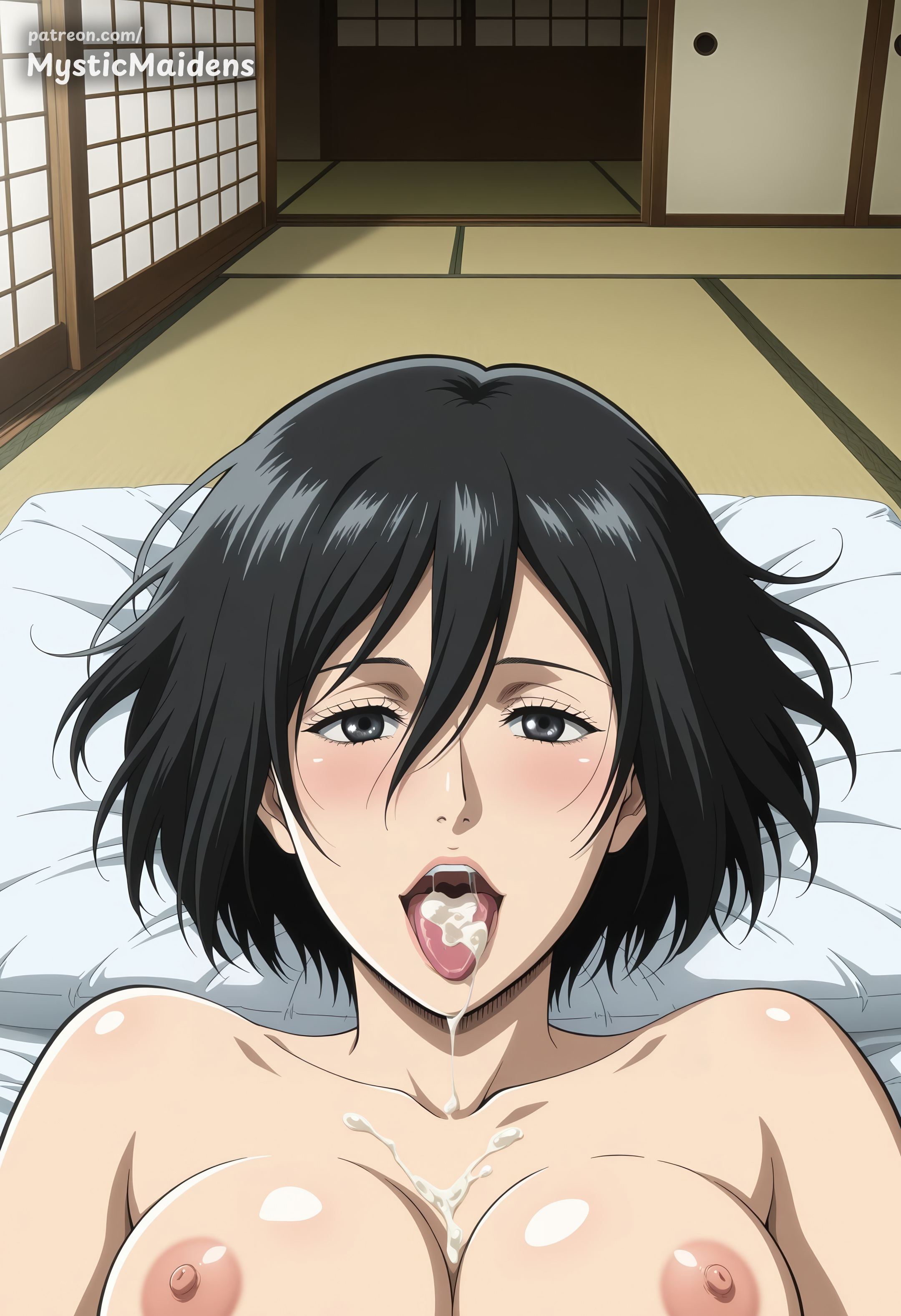 ai generated, anime, anime style, artist name, attack on titan, black eyes, black hair, blush, breasts, collarbone, completely nude, cum, cum in mouth, cum on body, cum on breasts, cum on tongue, facial, female, hair between eyes, hentai, hi res, large breasts, looking at viewer, lying, mikasa ackerman, mikasa ackerman (pre s4), mystic maidens, nipples, nude, on back, open mouth, patreon, pillow, shingeki no kyojin, short hair, sliding doors, solo, tatami, tongue, tongue out, upper body