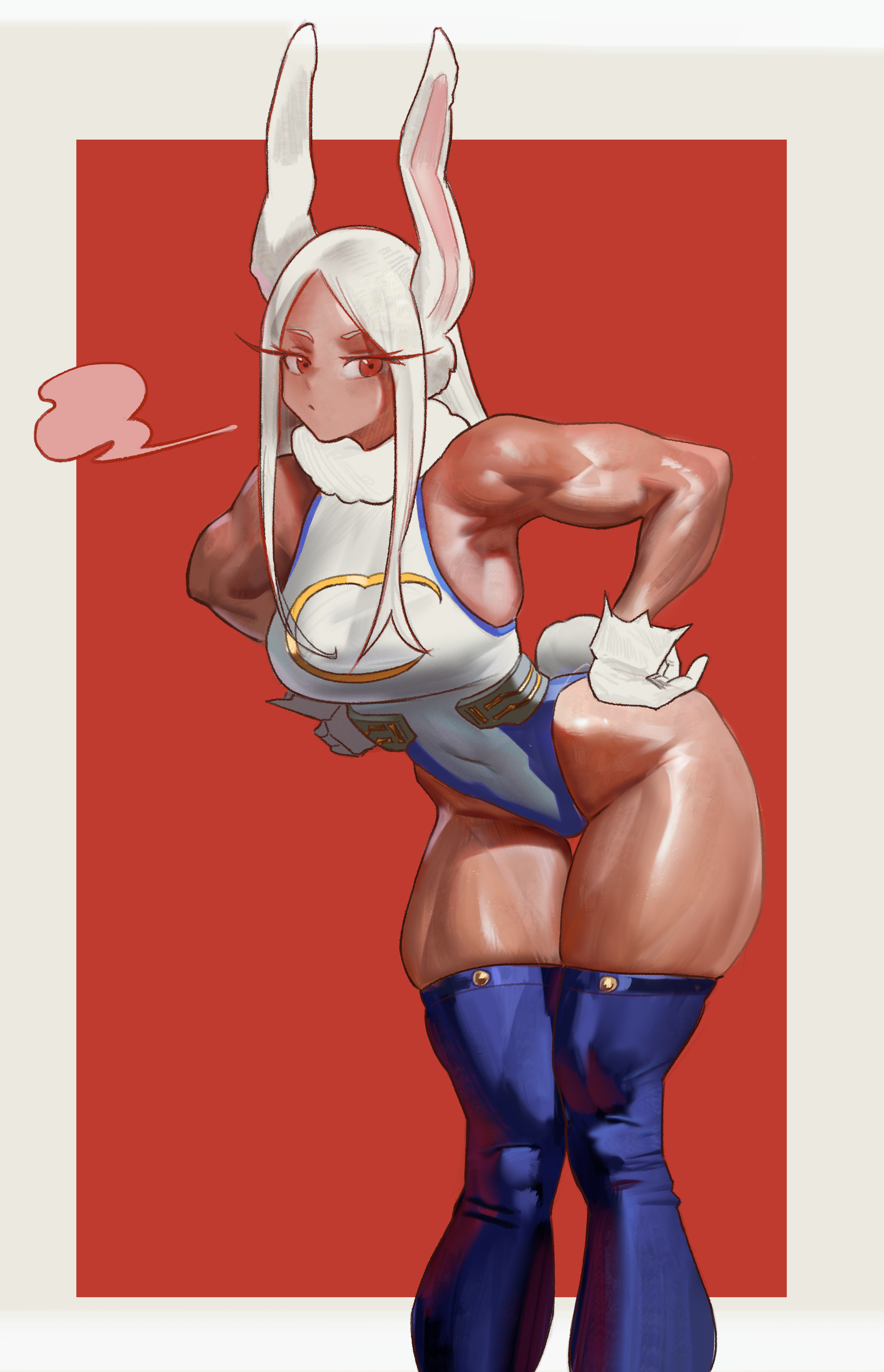 absurdres, animal ears, armpits, bare shoulders, blue thighhighs, boku no hero academia, breasts, covered navel, dark skin, dark-skinned female, feet out of frame, female, female only, fur trim, fur-trimmed legwear, gloves, grey background, groin, hands on own hips, heattech leotard, highleg, highleg leotard, highres, large breasts, leaning forward, leotard, long eyelashes, long hair, looking at viewer, mirko, miruko, muscular, muscular female, my hero academia, parted bangs, pout, rabbit ears, rabbit girl, rabbit tail, red background, red eyes, rumi usagiyama, skindentation, solo, standing, tail, the antin, thick thighs, thighhighs, thighs, turtleneck, two-tone background, white gloves, white hair, white leotard