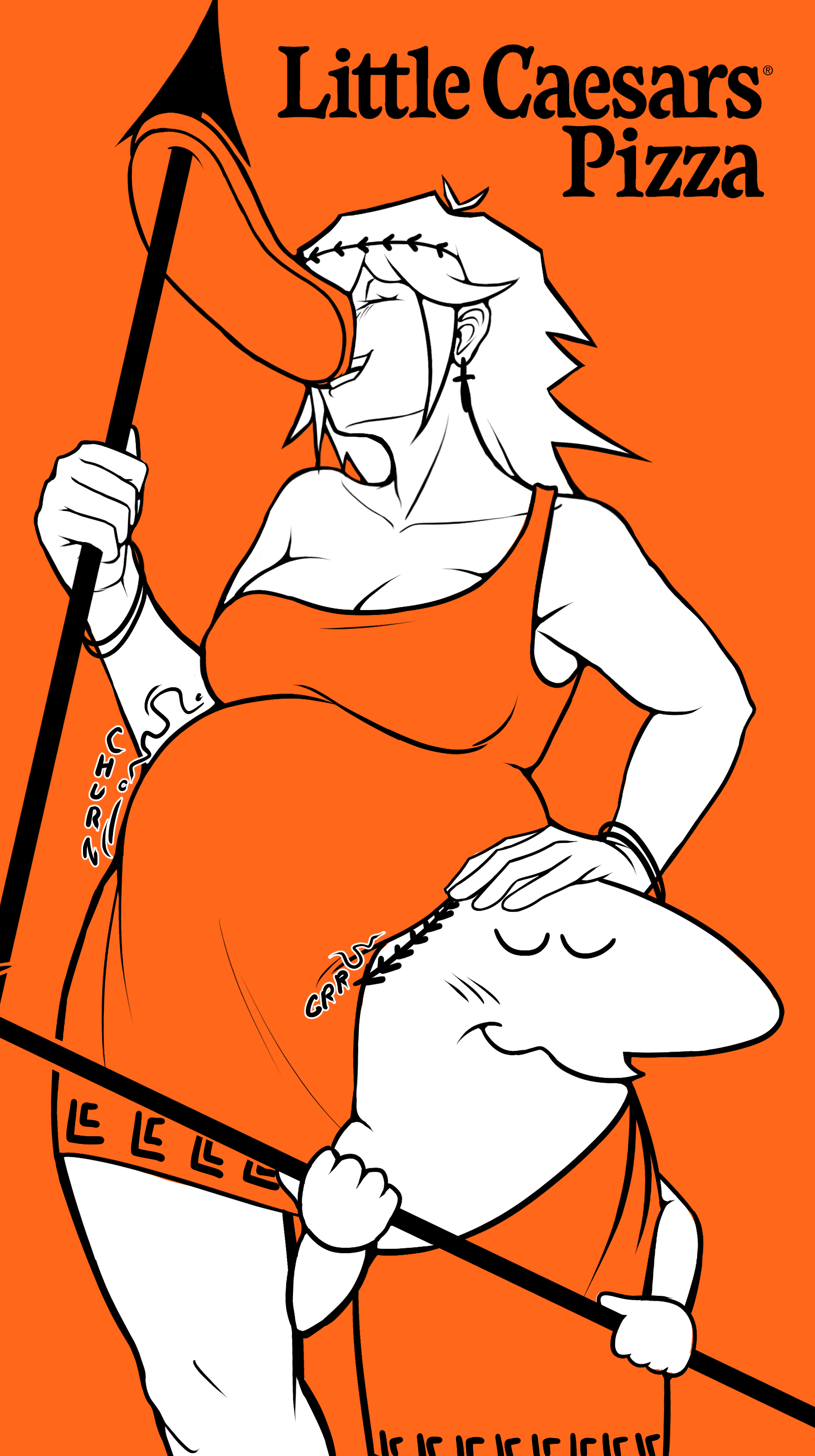 1boy, 1girl1boy, 1girls, 1girls1boy, 2026, ahoge, bald, big breasts, big cleopatra, big cleopatra (dangitdanger), biting, black bracelet, black bracelets, blush, blush lines, bracelets, brand name, breasts, cartoony, chest, chubby, chubby belly, chubby female, churn, churning stomach, cleavage, closed eyes, collarbone, duo, duo focus, ear, earring, earrings, eating, eating food, eating pizza, fat, fat female, female, food, full breasts, goofy smile, hand on head, head against stomach, holding spear, knee, knees, line art, little caesar, little caesars, mascot, mimifullz, minimalist, minimalist background, neck, one-shoulder tunic, orange background, orange dress, pattern, pattern clothing, pattern dress, petting, petting head, pizza, round belly, short male, shorter male, shorter male/taller female, smile, smiling, spear, spears, spiky hair, stuffed belly, stylized, tall female, taller female, teeth, text, thick thighs, tunic, weapon, weapons, white body, white hair, white skin