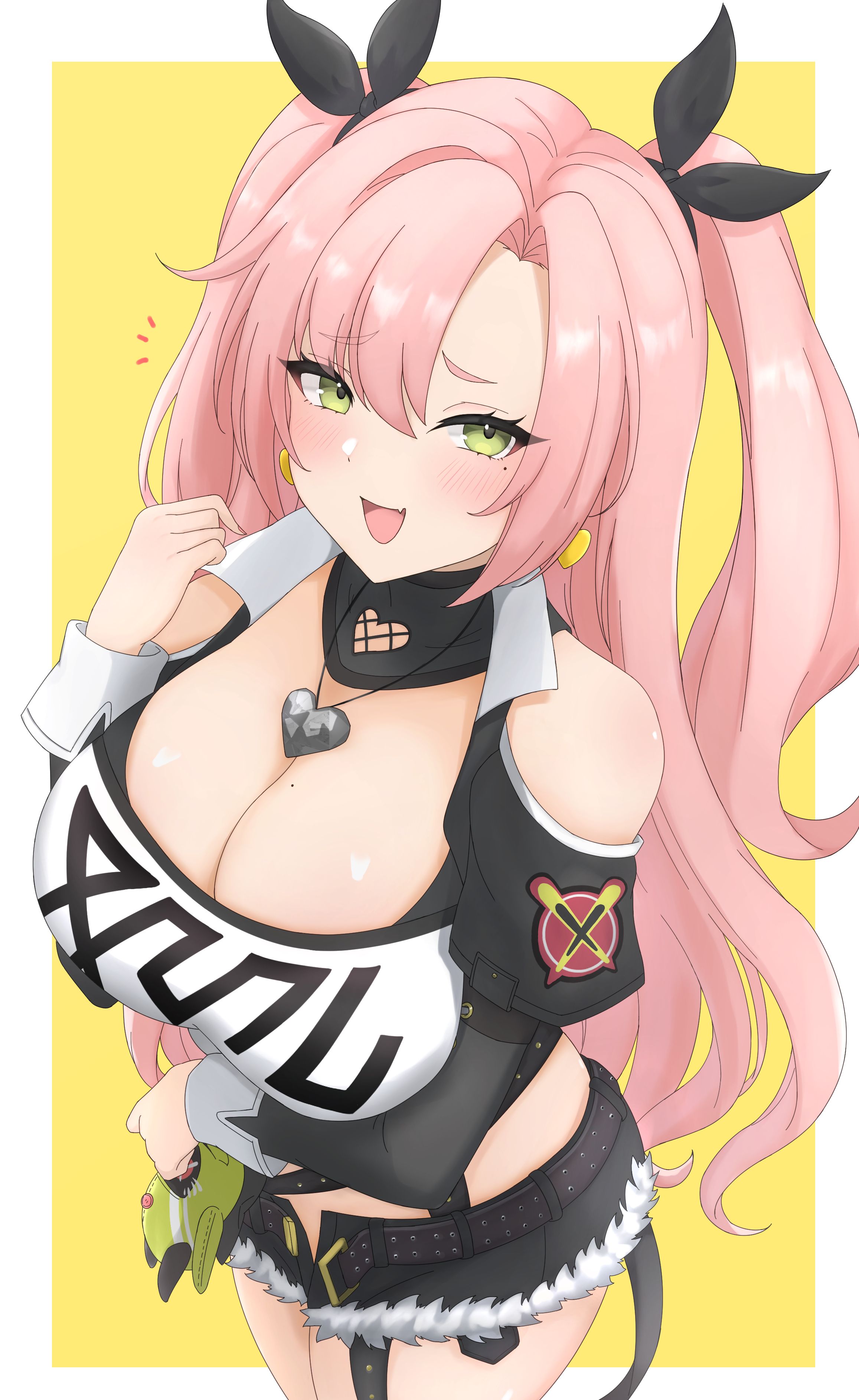 :d, 1girls, absurdres, amillion (zenless zone zero), arm under breasts, bangboo (zenless zone zero), belt, black belt, black shorts, blush, border, breasts, cleavage, crop top, earrings, female, female only, fur trim, fur-trimmed shorts, green eyes, hair ribbon, hand up, heart, heart earrings, highres, jewelry, large breasts, long hair, looking at viewer, midriff, mole, mole on breast, mole under eye, nicole demara, oerba yun fang, open mouth, pendant, pink hair, raised eyebrows, ribbon, short shorts, shorts, smile, solo, two side up, very long hair, wachikumori, white border, yellow background, zenless zone zero