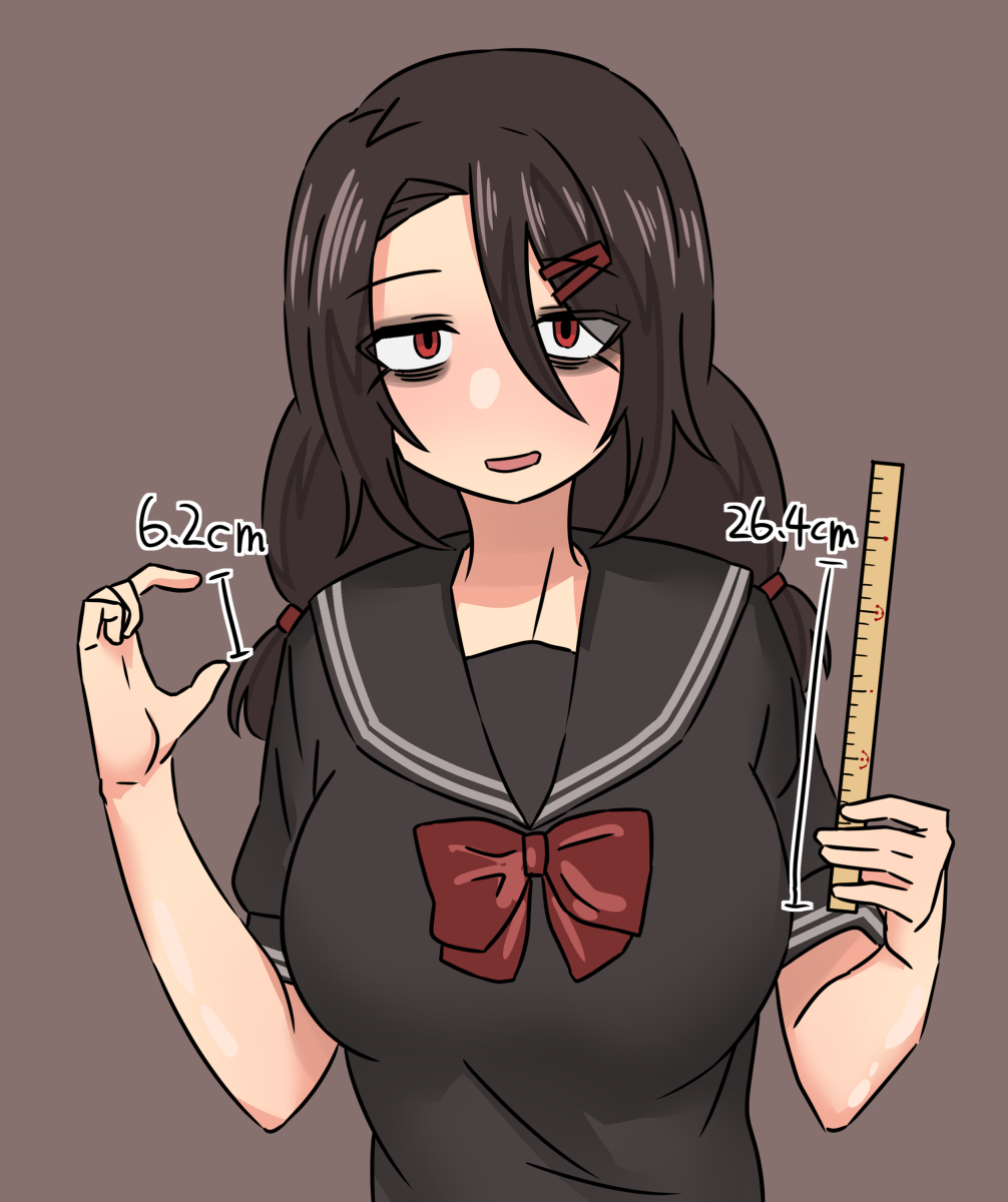 1girls, big breasts, big penis, breasts, enari, female, female only, femdom, humiliation, male, measurements, netorare, penis, penis size comparison, penis size difference, pinching gesture, ruler, small penis gesture, small penis humiliation, standing
