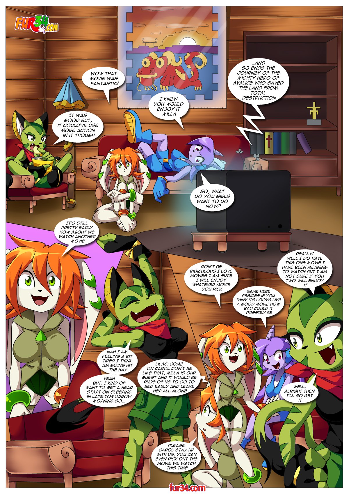 anthro aquatic_dragon asian_mythology bbmbbf big_breasts canine carol_tea clothed clothing comic dialogue dragon feline female female_protagonist freedom_planet fur34 green_body green_eyes green_fur green_skin happy horns long_ears milla_basset orange_hair palcomix purple_hair purple_skin sash_lilac striped striped_fur stripes tail twintails video_games white_body white_fur wildcat