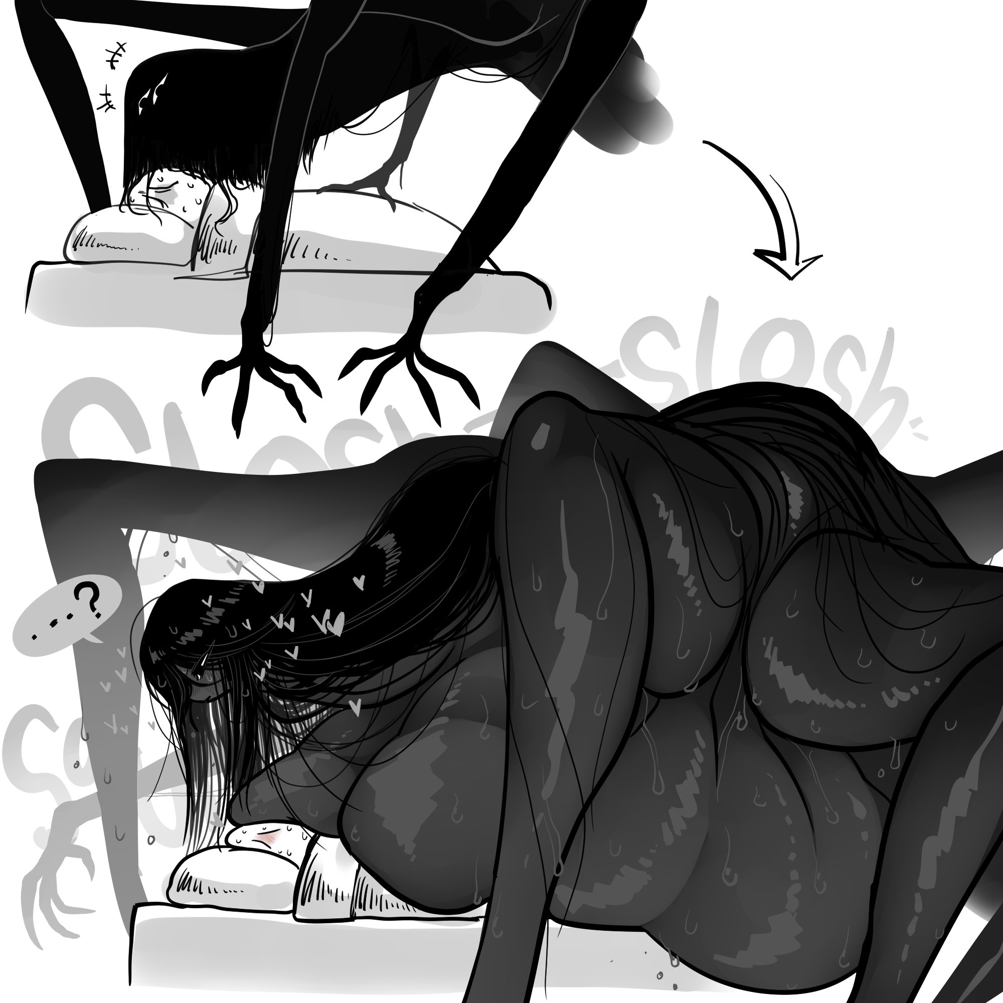 1boy, 1girls, 6 arms, bed, bedroom, belly, big breasts, black body, black hair, breast on head, breast smother, breasts, creepy, debyjull, demon, fat, fat female, female, hanging belly, hanging breasts, heart, huge breasts, larger female, long neck, lying on person, monster, monster girl, multiple limbs, obese, obese female, on top, sleep paralysis demon, smothering, sweat, sweatdrop, sweating, sweaty, tears, under covers