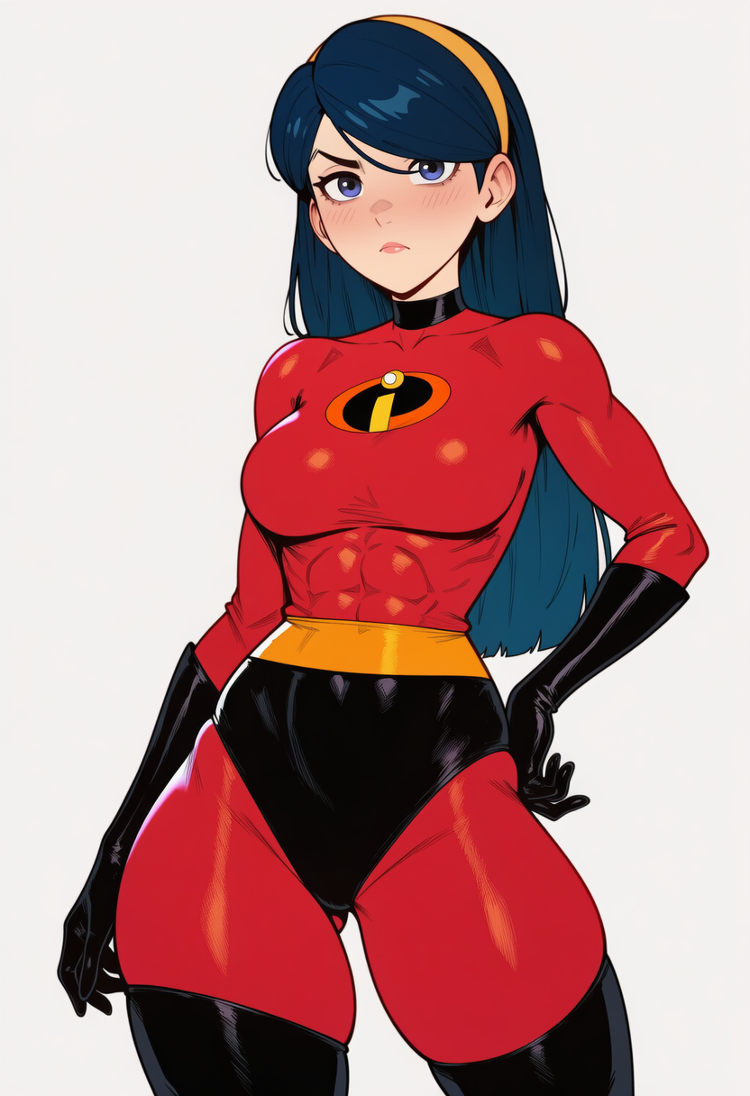 abs, ai generated, female, female only, fit female, hero, heroine, latex, latex suit, prussia123, serious look, sexy body, sexy female, skin tight, solo female, the incredibles, tight clothing, violet parr