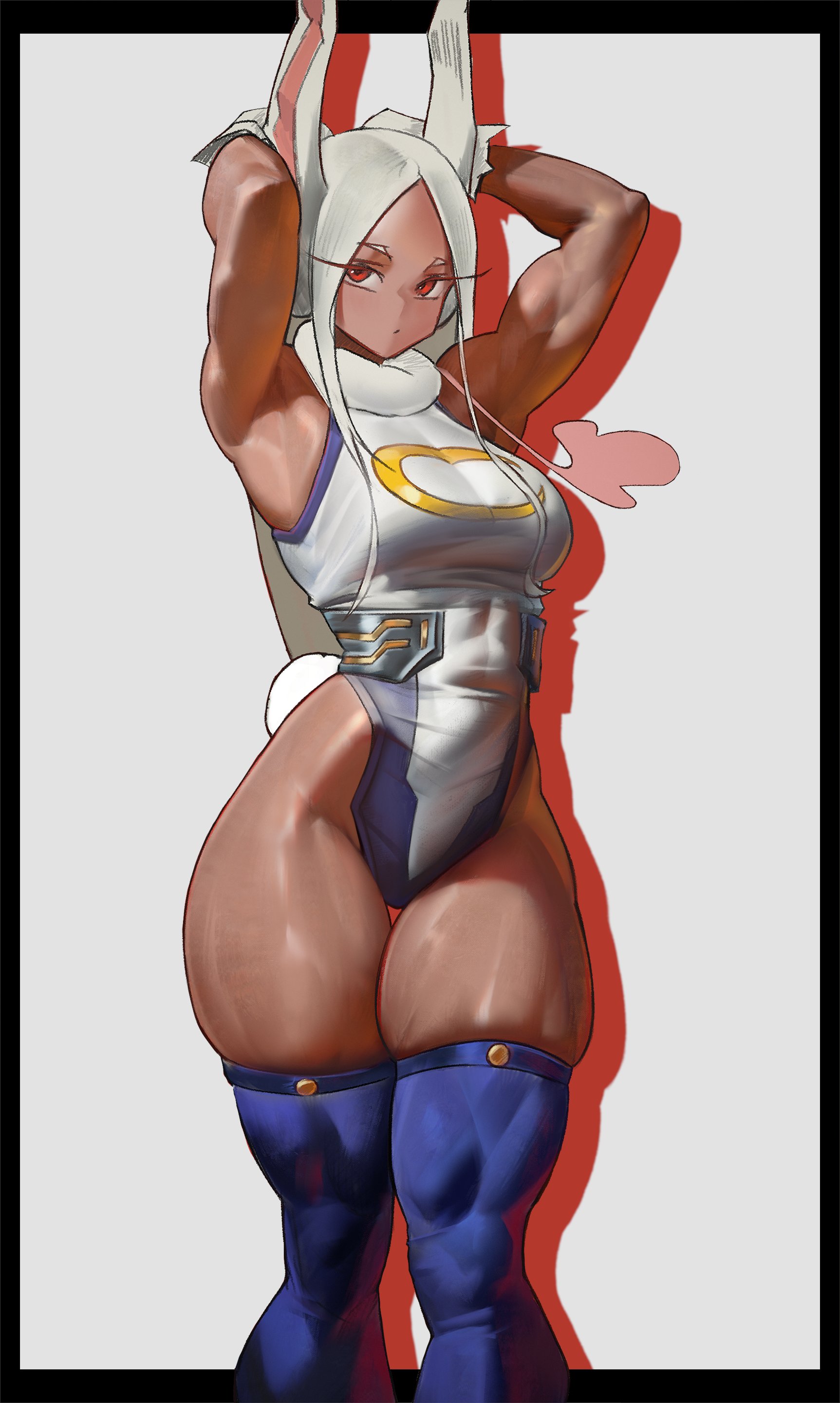 1girls, absurdres, animal ears, armpits, arms up, bare shoulders, black border, boku no hero academia, border, breasts, clothing cutout, commentary, covered abs, covered navel, crescent print, dark skin, dark-skinned female, english commentary, female, female only, fur collar, gloves, highleg, highleg leotard, highres, large breasts, leotard, long eyelashes, long hair, looking at viewer, mirko, miruko, my hero academia, parted bangs, purple thighhighs, rabbit ears, rabbit girl, rabbit tail, red eyes, rumi usagiyama, shadow, solo, tail, tail through clothes, taut leotard, the antin, thick thighs, thigh gap, thighhighs, thighs, toned, toned female, very long hair, white background, white border, white gloves, white hair, white leotard