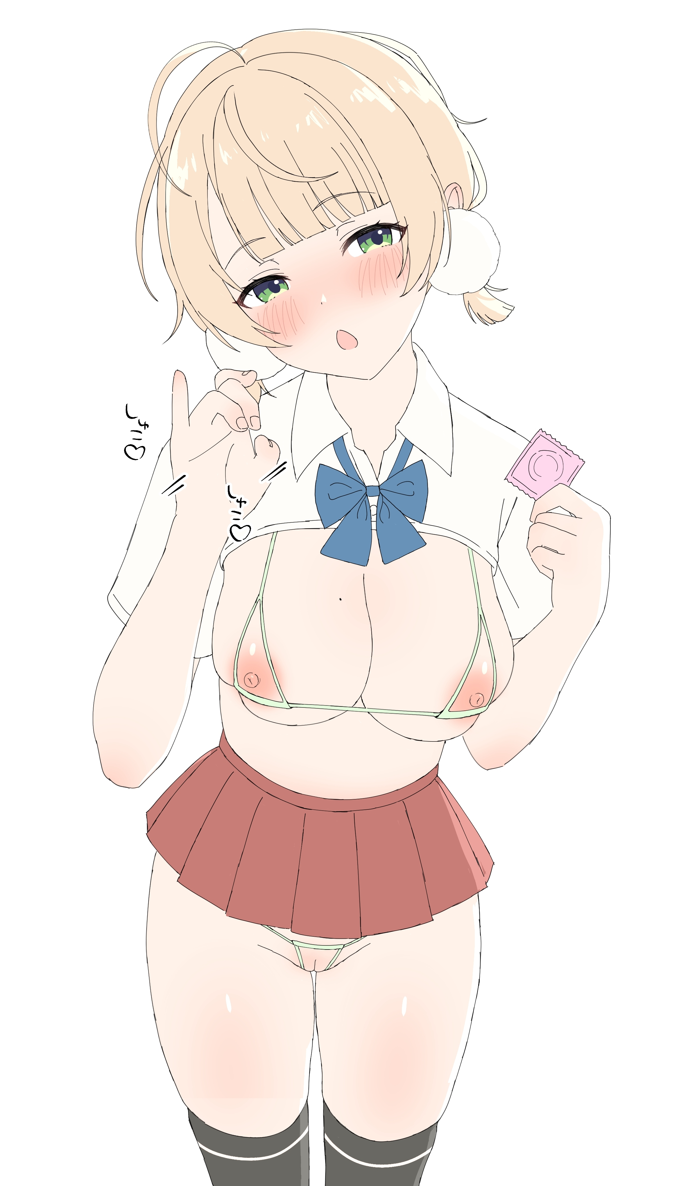 absurdres, bikini, black thighhighs, blonde hair, blue bow, blush, bow, clothes lift, collared shirt, commentary request, condom, fellatio gesture, female, green eyes, highres, holding, holding condom, indie virtual youtuber, large breasts, nipples, norigure18, open mouth, pleated skirt, pussy, red skirt, shigure ui (summer uniform) (vtuber), shigure ui (vtuber), shirt, shirt lift, short sleeves, simple background, skirt, solo, standing, swimsuit, thighhighs, uncensored, virtual youtuber, white background, white shirt