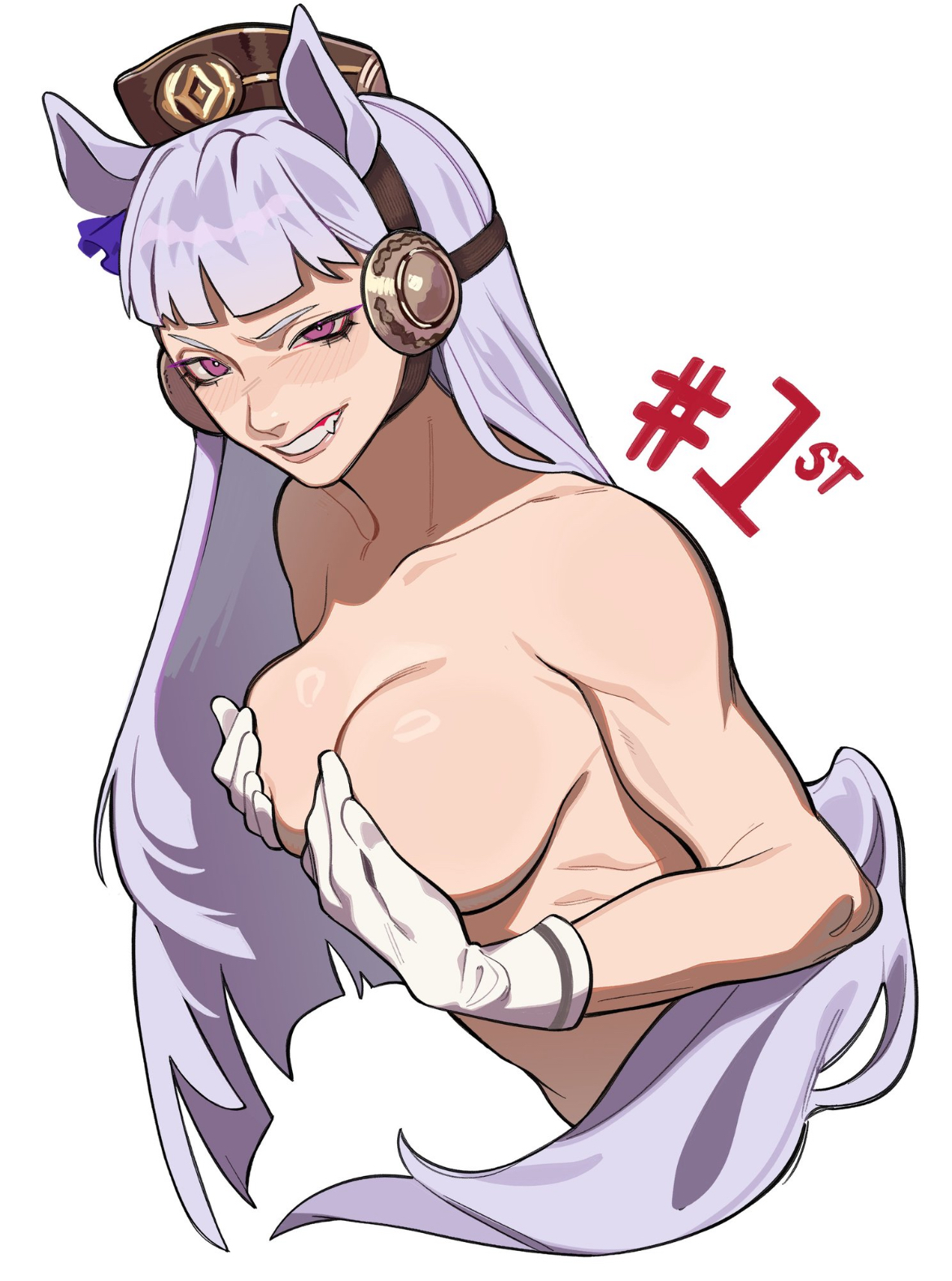 bangs, big breasts, covering breasts, female, female only, fully nude, gold ship (umamusume), hands on breasts, horse ears, horse tail, long hair, porqueloin, sideboob, silver hair, smug expression, umamusume, umamusume pretty derby