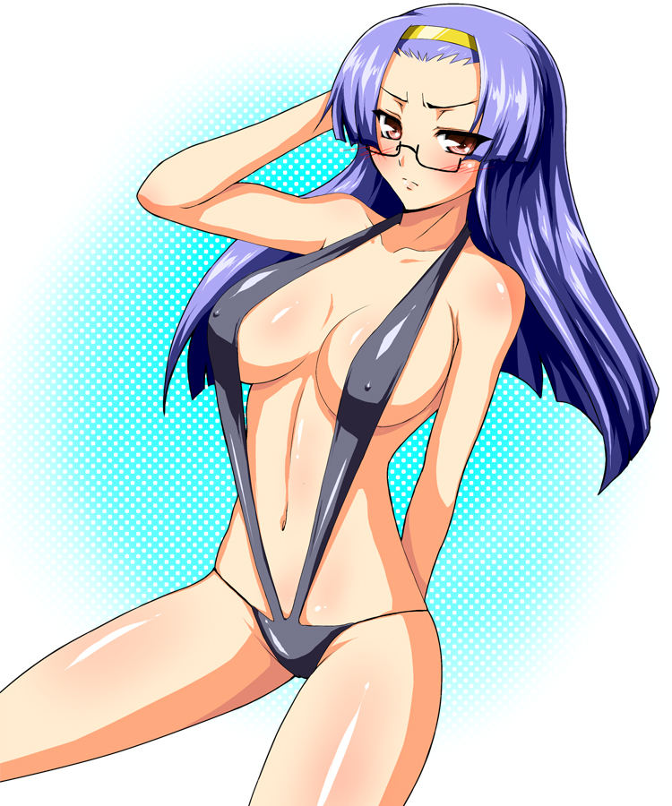 1girls aresta_blanket arm_up arrester_blanket backless_swimsuit black_sling_bikini black_swimsuit blue_hair blush breasts erect_nipples female female_only fight_ippatsu!_juuden-chan!! fight_ippatsu_juuden-chan glasses hairband large_breasts legs long_hair navel red_eyes s_tanly sideboob sling_bikini solo swimsuit thighs