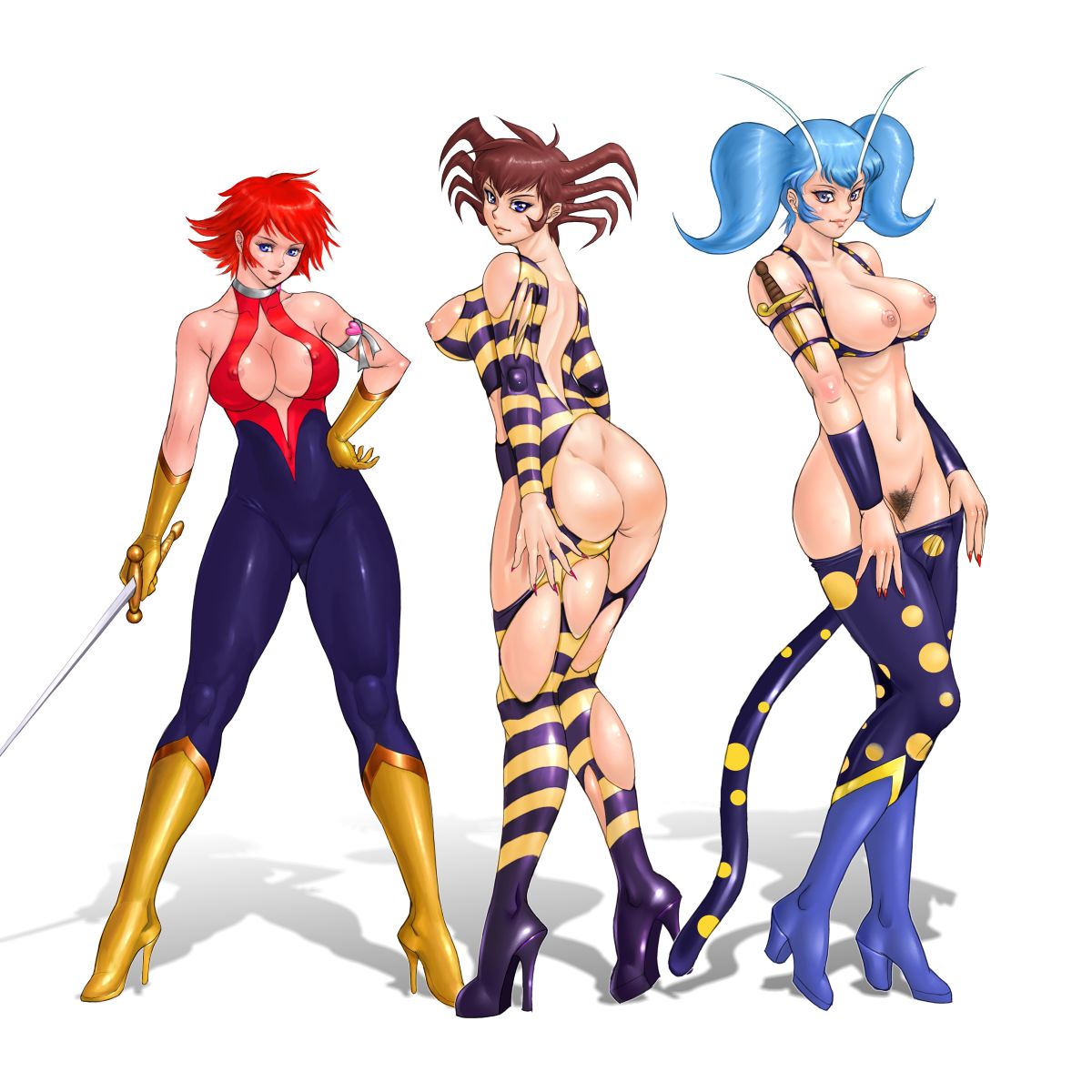 3girls 70s android antennae ass blade_panther blue_hair bodysuit boots breasts brown_hair choker cutie_honey cutie_honey_(character) female fingernails gloves heart high_heels highres honey_kisaragi huge_breasts knife large_breasts light-skinned_female light_skin magical_girl multiple_girls nail nails nipples orange_hair pubic_hair red_hair shoes short_hair skin_tight sword tail tarantula_panther thick_thighs tied_hair torn_clothes twintails undressing villainess weapon wide_hips zen_and_retro