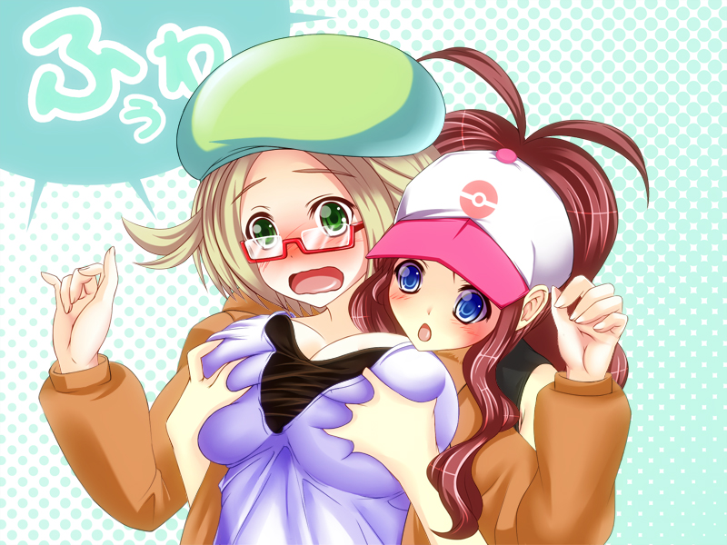 2girls bianca_(pokemon) blonde_hair blue_eyes blush breast_grab breasts brown_hair female female_only glasses grab_from_behind green_eyes hat hilda_(pokemon) human large_breasts long_hair multiple_females nintendo pokemon pokemon_bw sho2 short_hair yuri