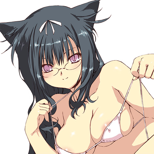 animal_ears areola_slip areolae bare_shoulders bikini bikini_pull black_hair blush breast_lift breasts cat_ears female glasses hair_ribbon large_breasts leaning_back long_hair lowres mamecchi micro_bikini original purple_eyes ribbon smile swimsuit undressing