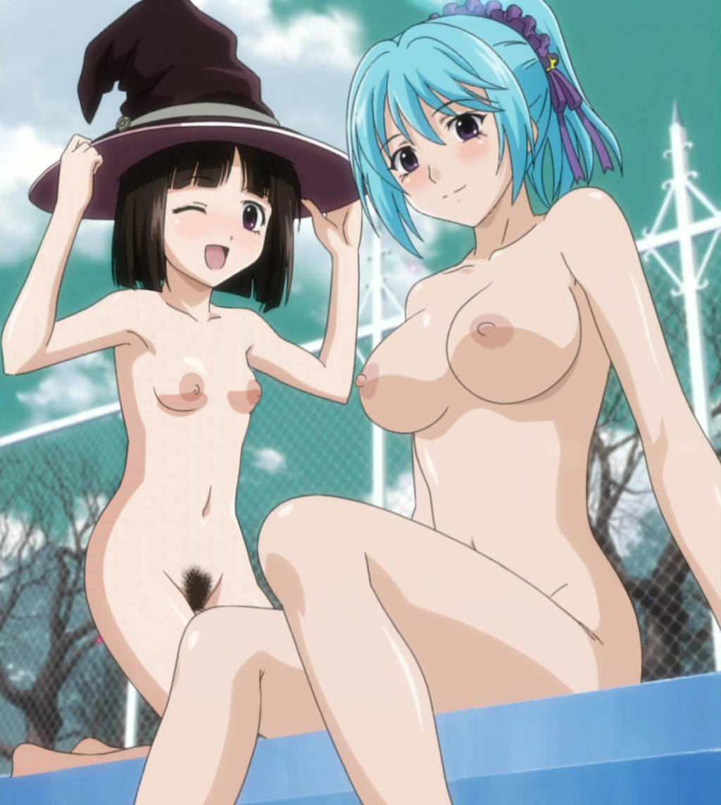 2girls black_hair blue_hair blush breasts casual female female_only headwear human kurono_kurumu looking_at_viewer multiple_girls nipples nude nude_filter open_mouth pale_skin pubic_hair rosario+vampire sendo_yukari smile succubus wink witch witch_hat