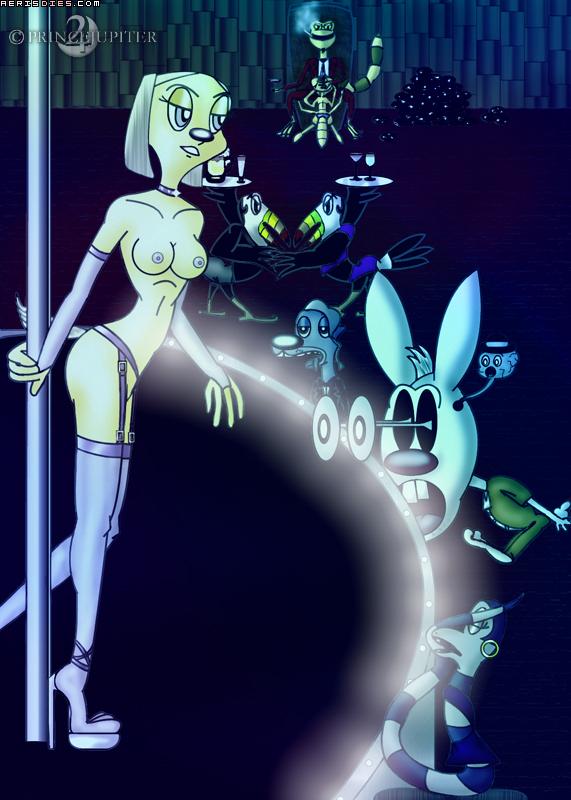 4boys 4girls anthro anthro_only artist_logo artist_name brandy_and_mr._whiskers brandy_harrington breasts canine character_request clothing disney disney_channel dog eyes_popping_out female fur indoors interspecies male mammal mr._whiskers nipples pole pole_dancing prince_jupiter rabbit standing toon_disney topless topless_anthro topless_female