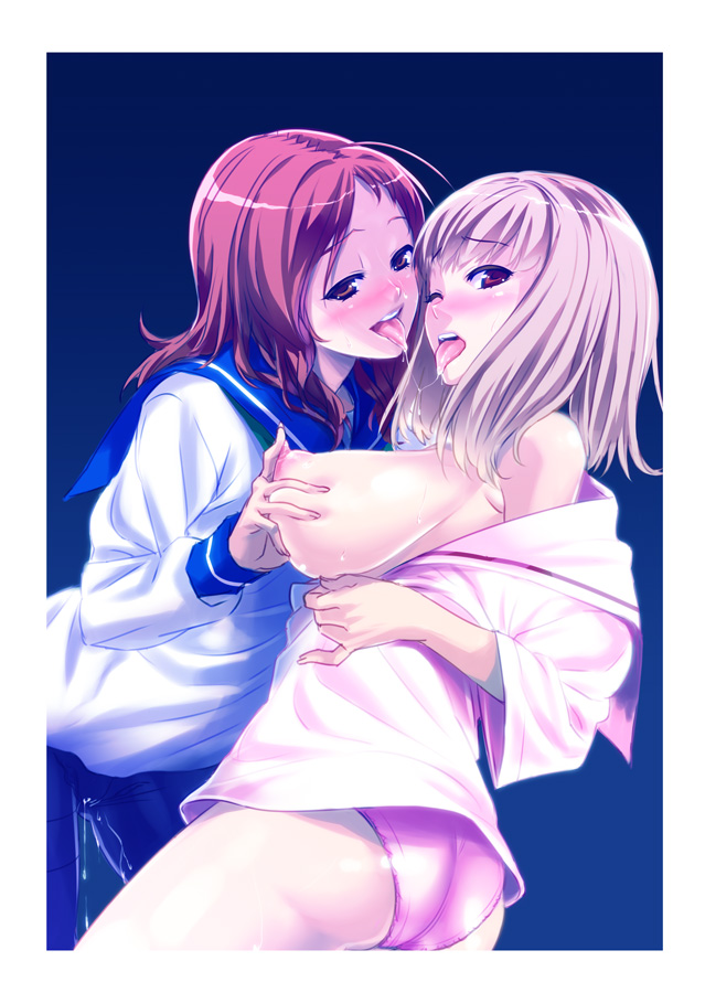 ass blonde_hair blush bottomless breast_grab breasts brown_eyes female fujimon fukuji_mihoko large_breasts multiple_girls nipples no_bra no_pants panties pantyhose pink_panties puffy_nipples pussy_juice pussy_juice_trail red_hair saki saliva saliva_trail school_uniform takei_hisa tongue tongue_out underwear wink yuri