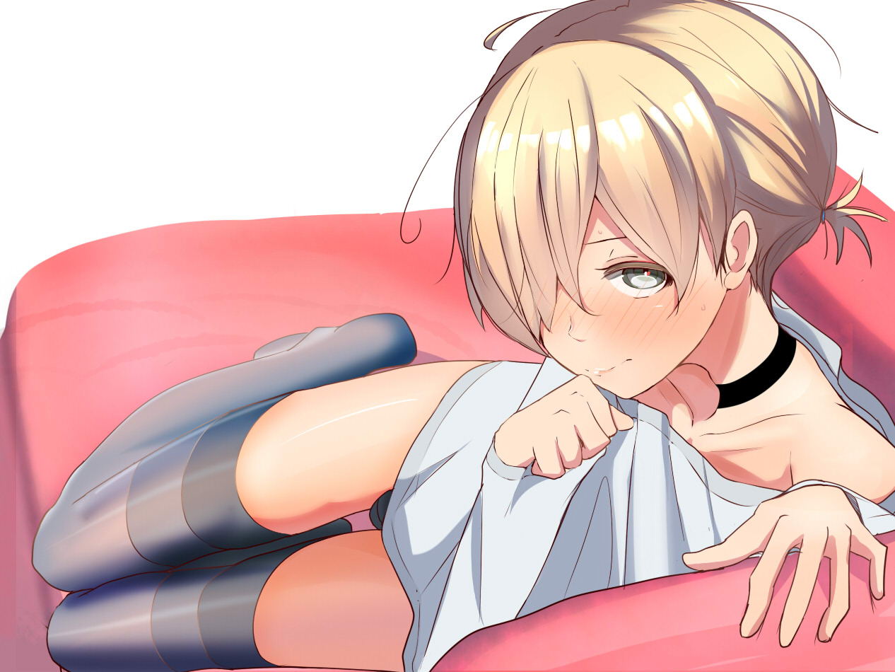 1boy, blonde hair, bulge, choker, crossdressing, femboy, male, original, original character, panties, shirt, shiso, sofa, solo, tagme, thighhighs, trap