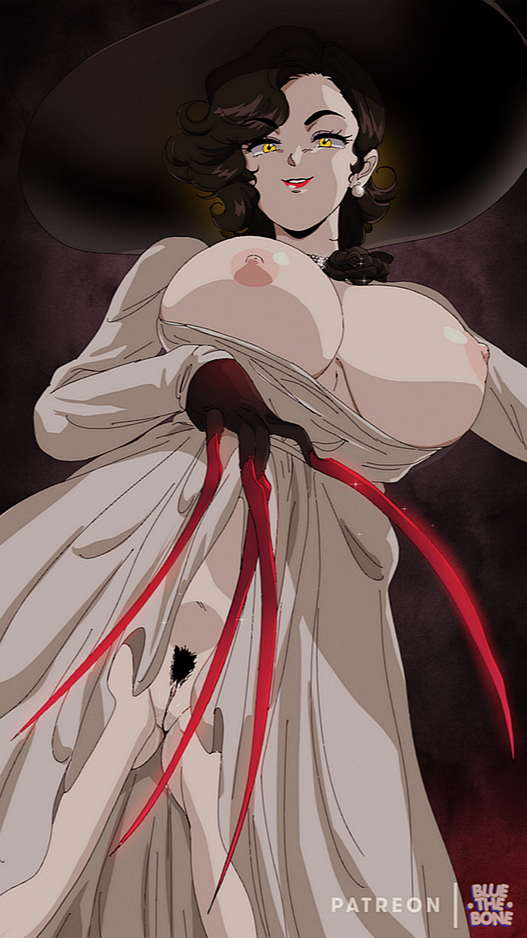 1girls, alcina dimitrescu, big breasts, black hair, bluethebone, breasts, breasts out, female, female only, grey body, grey skin, huge breasts, large breasts, lifting skirt, looking at viewer, nipples, no bra, no panties, presenting breasts, presenting pussy, pubic hair, pussy, resident evil, resident evil 8: village, retro artstyle, short hair, yellow eyes