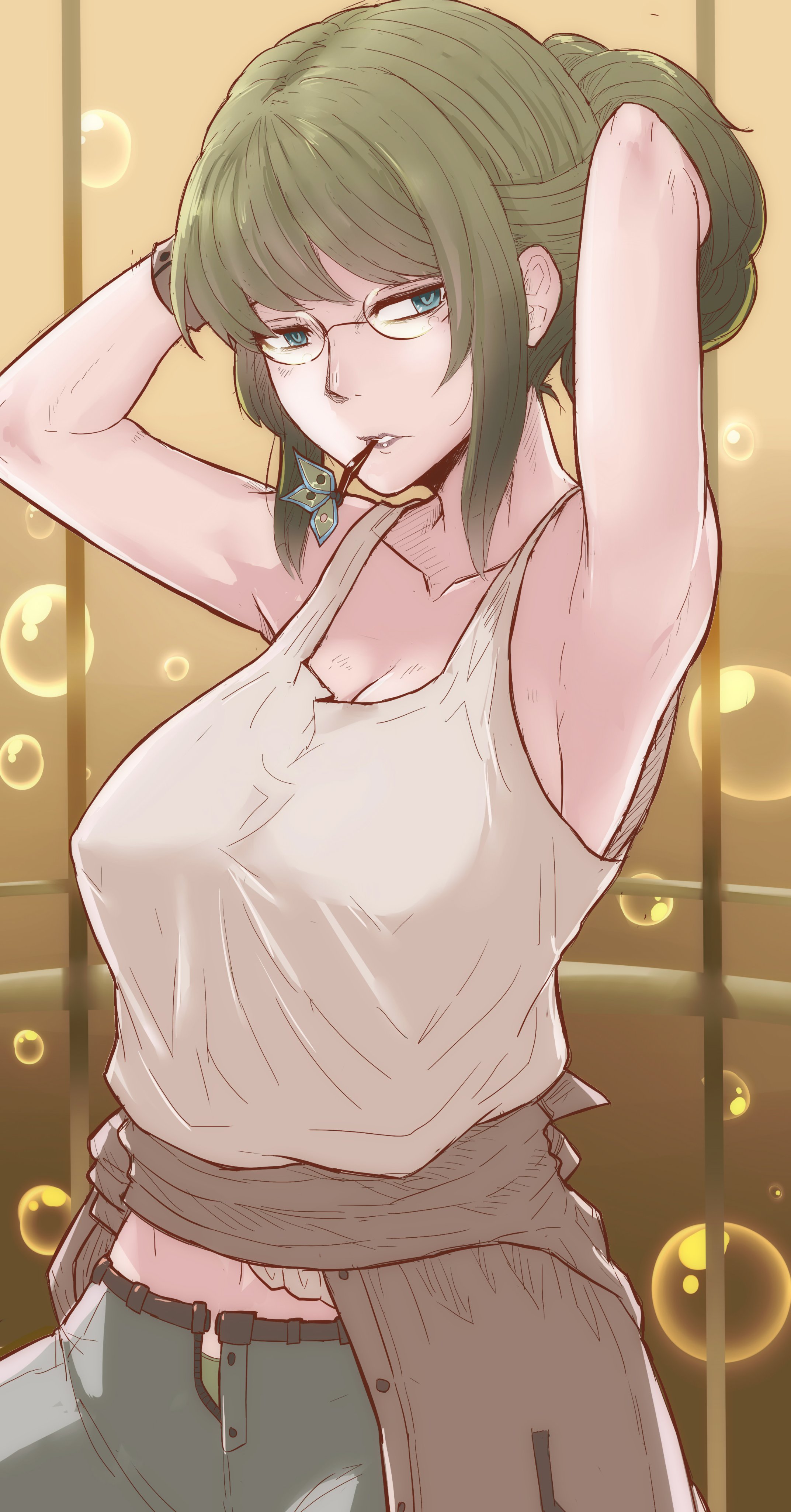 1girls, big breasts, blue eyes, breasts, bubbles, female, female only, glasses, grab hair, green hair, mistimagi, nipple bulge, nipples, solo