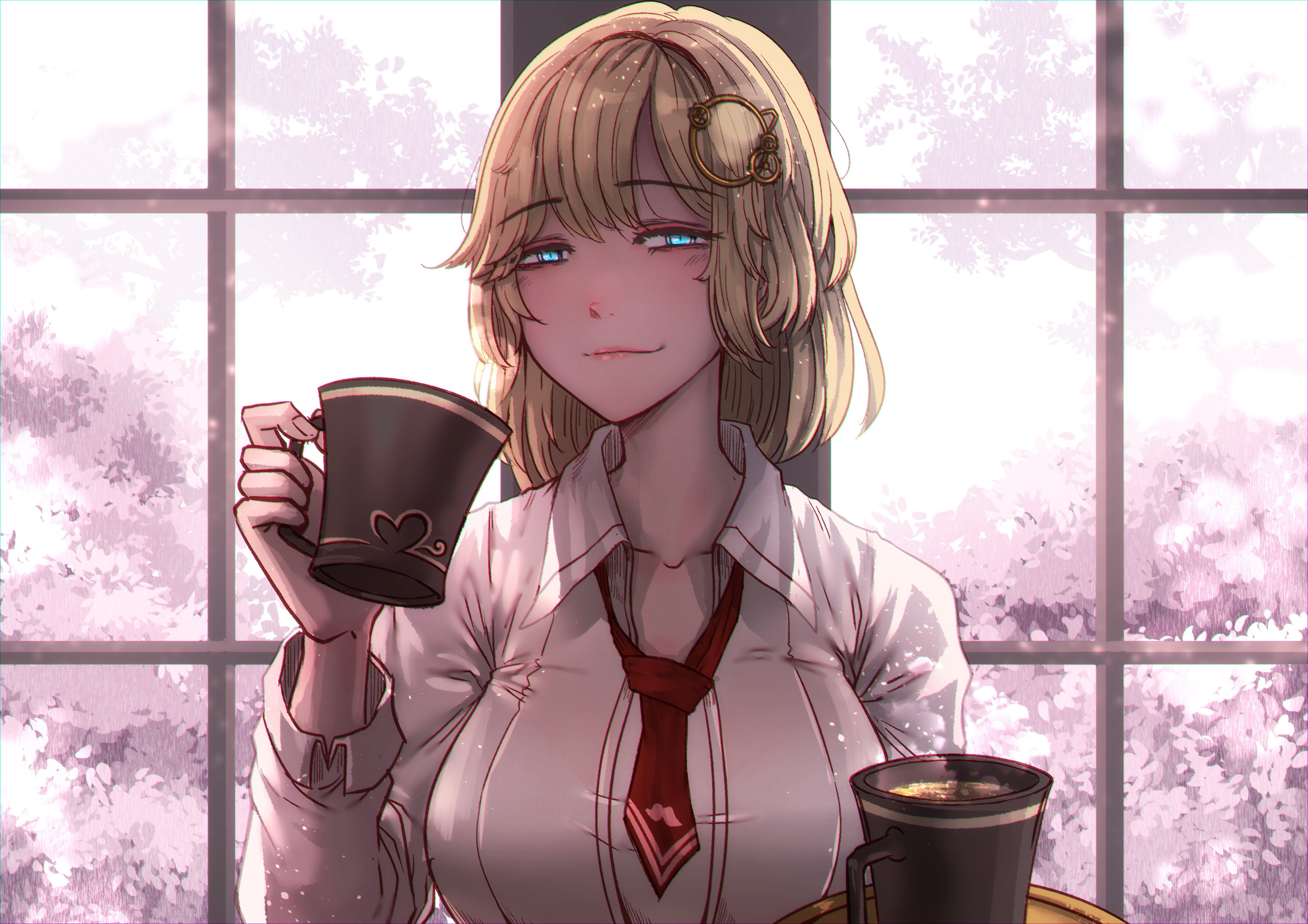 1girls, big breasts, blonde hair, blue hair, breasts, business woman, clothed, clothing, coffee mug, female, female only, hololive, hololive english, hololive myth, mistimagi, solo, virtual youtuber, watson amelia