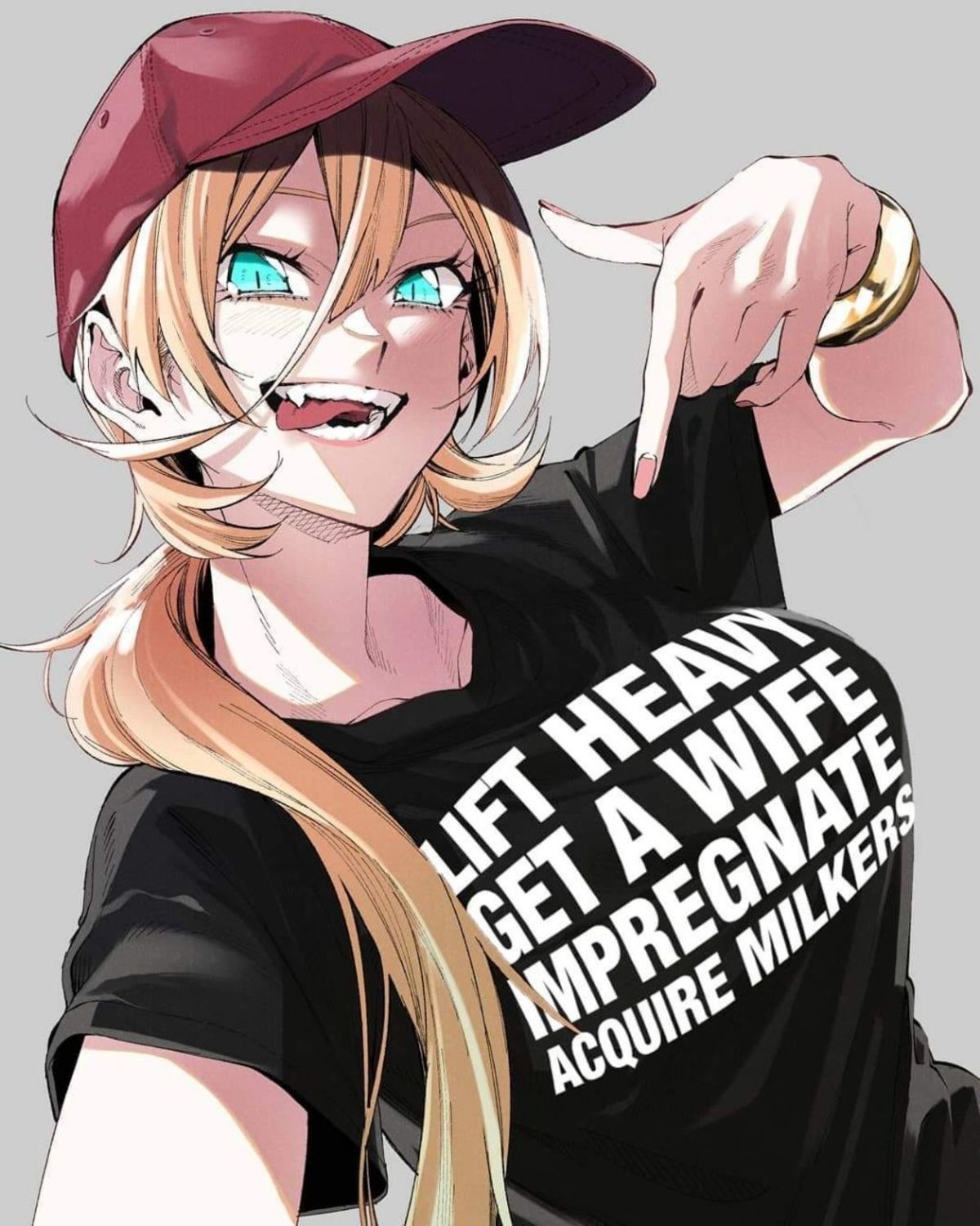 baseball cap, blonde hair, blue eyes, breasts, clothed, clothes writing, english text, fangs, female, hat, human, large breasts, meme, oerba yun fang, original, original character, ponytail, smile, t-shirt, teeth, tongue, tongue out