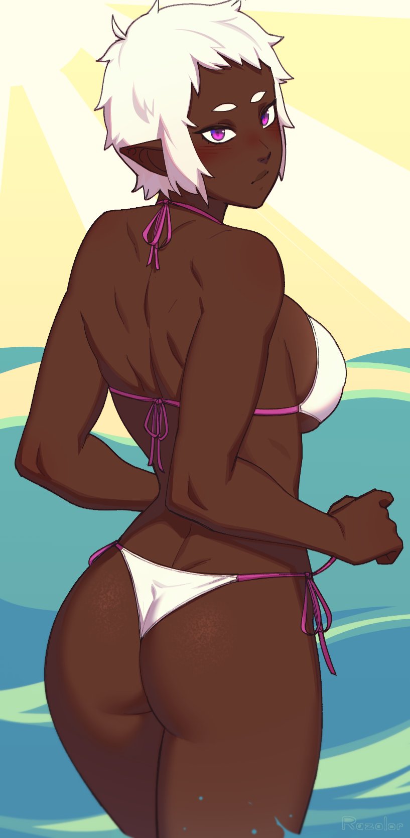 1girls, artist name, ass, back muscles, big ass, bikini, breasts, dark skin, dark-skinned female, elf, female, female only, looking at viewer, looking back, muscles, pointy ears, razalor, short hair, solo, very dark skin, very short hair, white hair