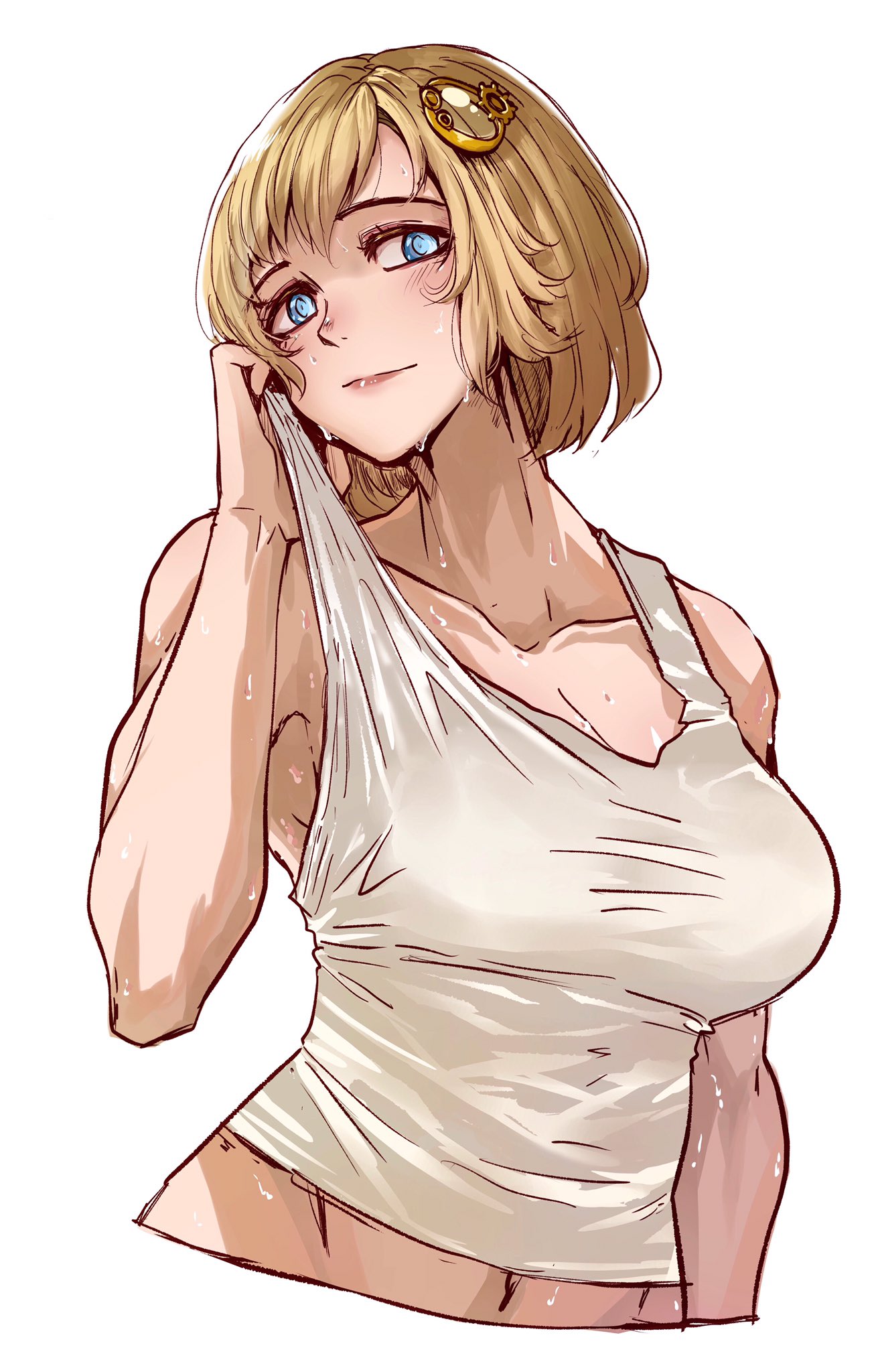 1girls, big breasts, blonde hair, blue eyes, breasts, female, female only, hololive, hololive english, hololive myth, human, mistimagi, solo, sweat, tank top, virtual youtuber, watson amelia, wet, wet shirt, white shirt, white skin