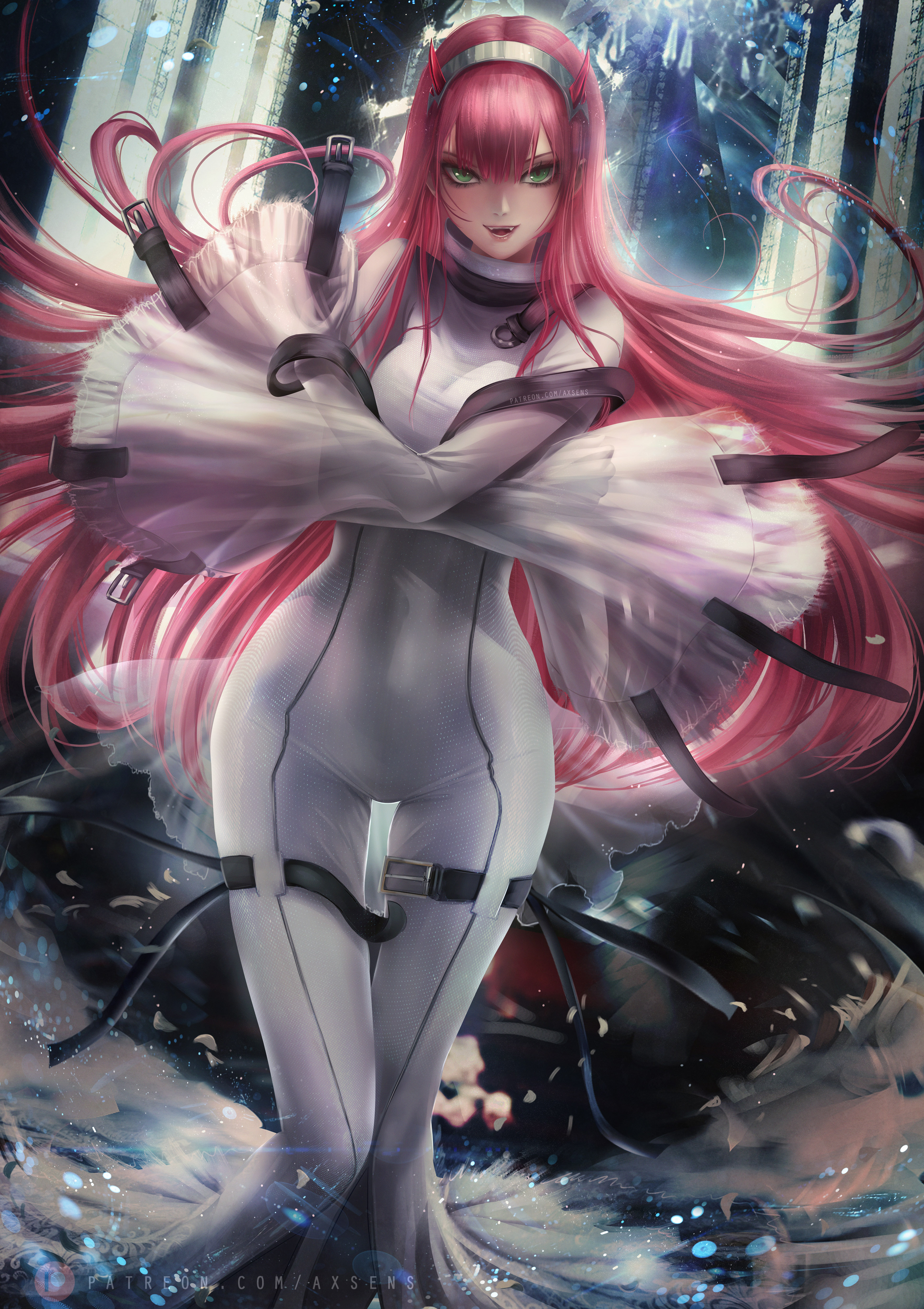 1girls, axsens, bodysuit, c.c., clothed, clothing, code geass, crossover, darling in the franxx, female, frilled sleeves, green eyes, horns, long hair, looking at viewer, pink hair, solo, solo female, solo focus, straps, zero two (darling in the franxx)