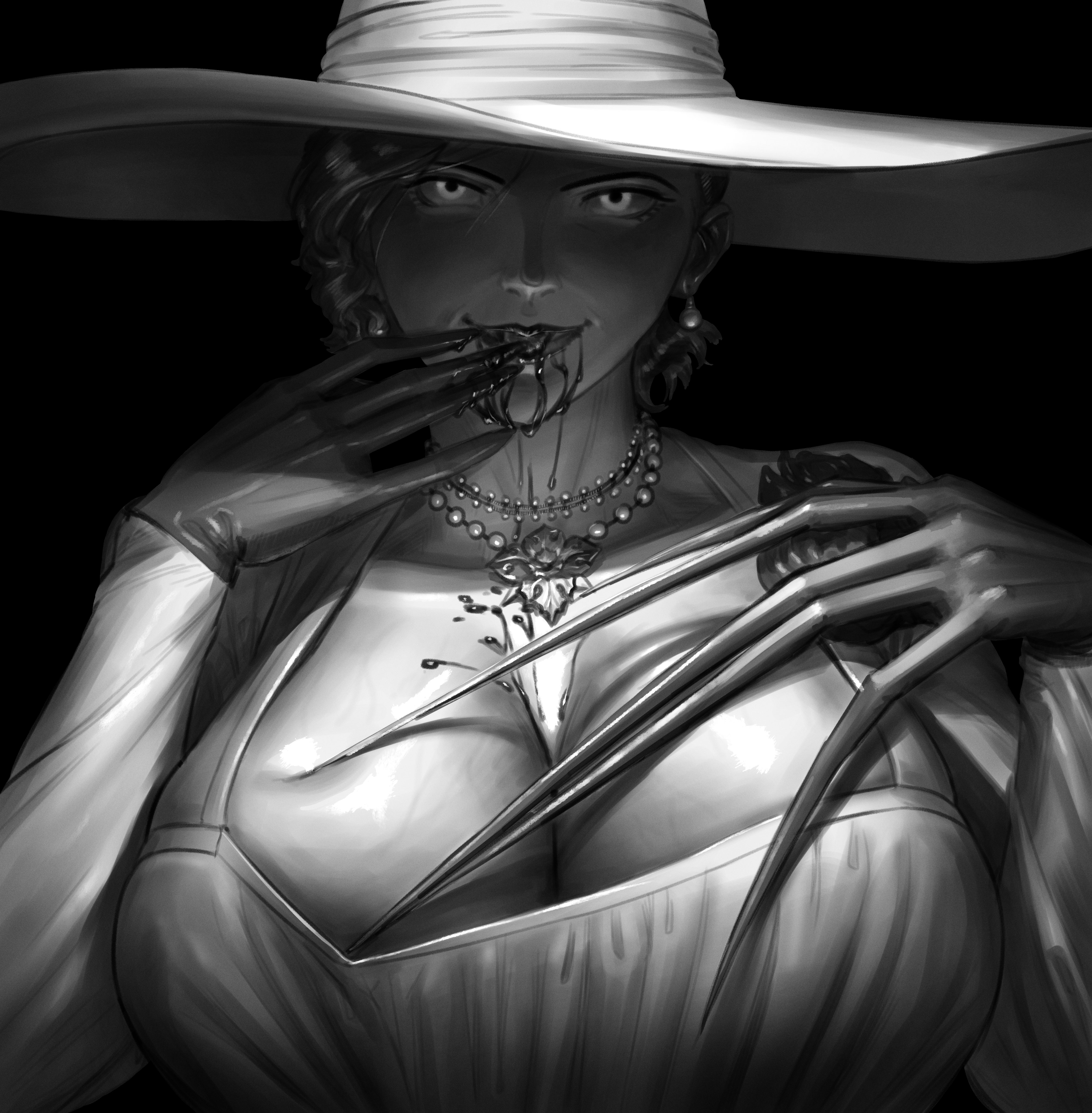 alcina dimitrescu, blood, breasts, busty, capcom, cleavage, dress, female, gloves, hat, jewelry, large breasts, looking at viewer, monochrome, resident evil, resident evil 8: village, solo, veiny breasts, wassnonnam
