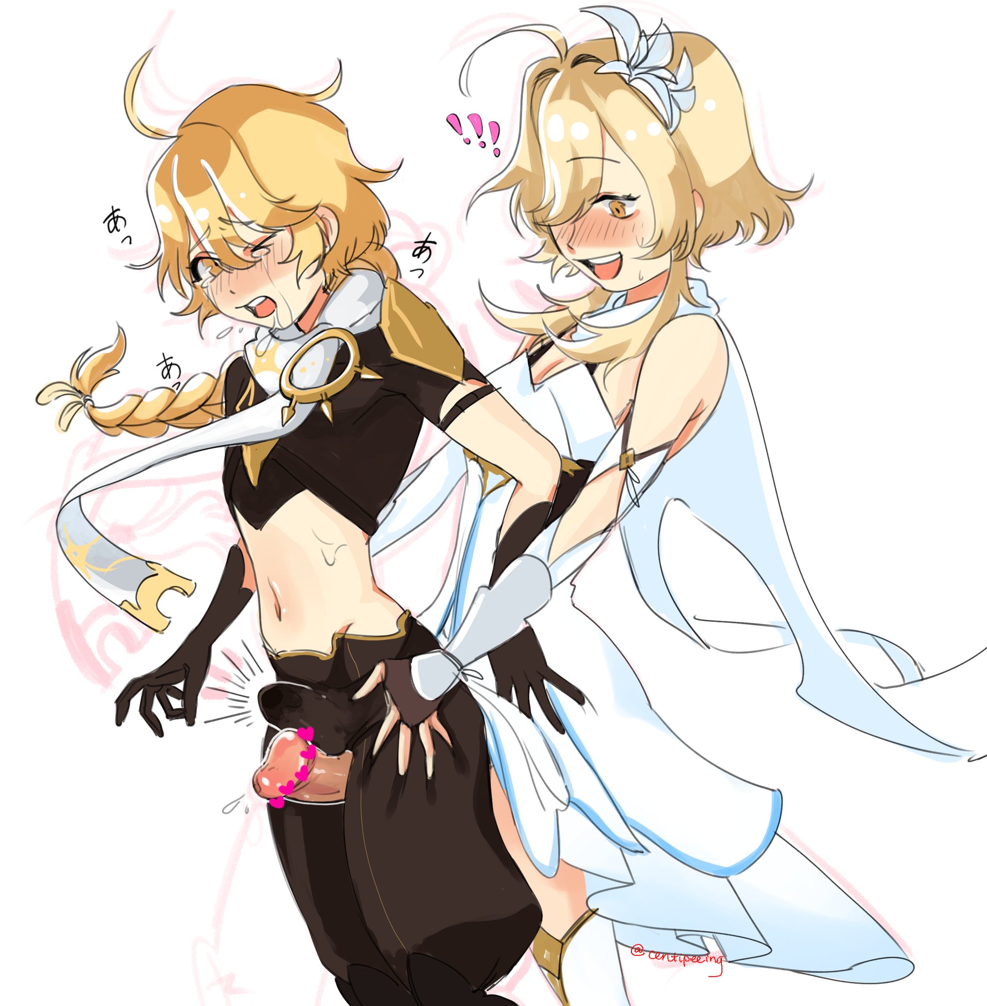 1boy, 1futa, aether (genshin impact), ahoge, artist request, blonde hair, blushing, blushing at partner, blushing profusely, brother, brother and sister, bulge, censored, clothed, clothing, duo, embarrassed, erection, erection under clothes, female, femdom, fully clothed, futa is bigger, futa on male, futanari, genshin impact, heart censor, hetero, imminent sex, incest, intersex, lumine (genshin impact), male, mostly clothed, outercourse, pale skin, penis, questionable consent, siblings, sister, standing, stimulation, thigh sex, twincest, twins
