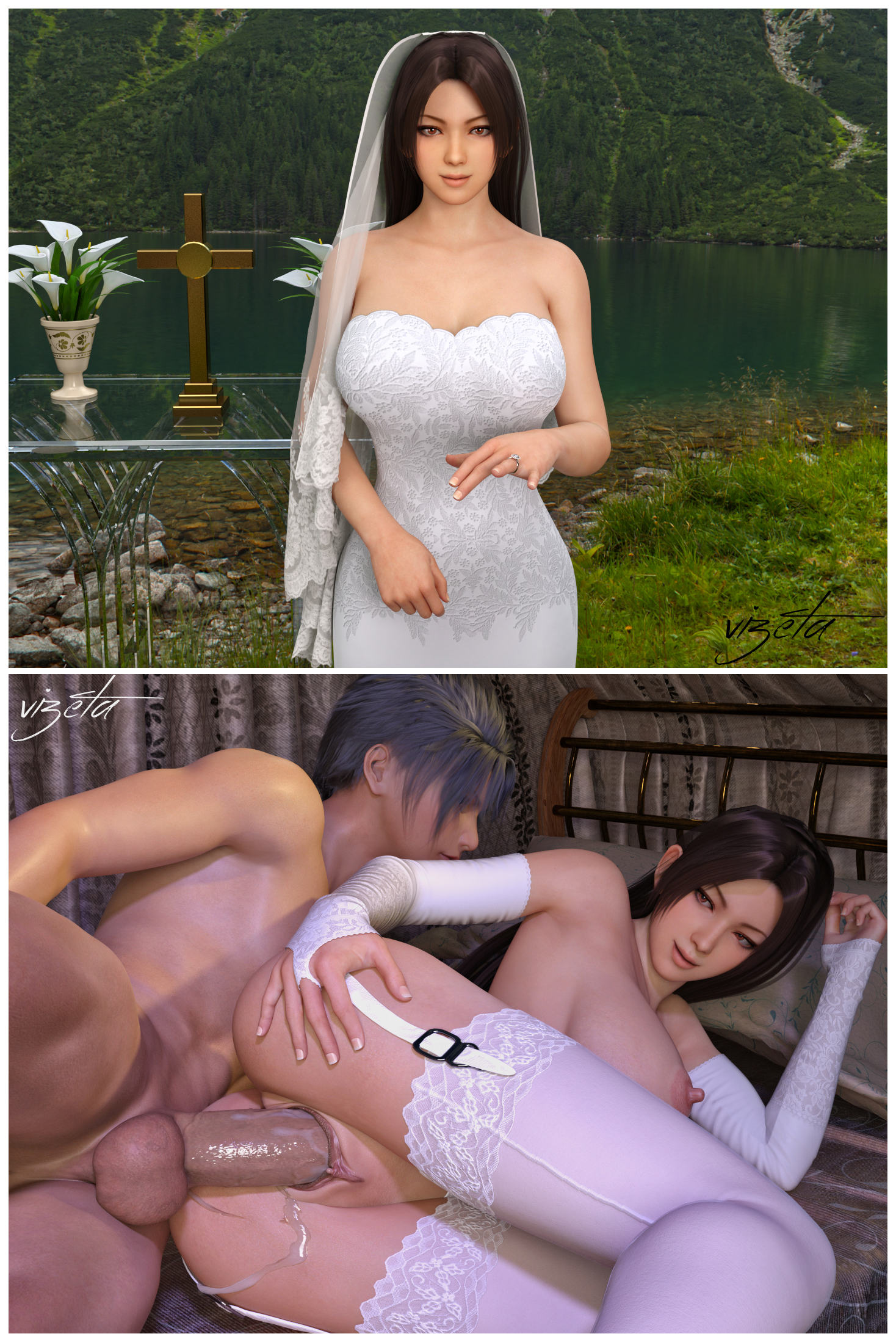 1boy, 1girls, 3d, asian, asian female, breasts, bridal dress, bridal gauntlets, bridal legwear, bridal lingerie, bridal veil, bride, busty, catholic, cheating, cheating on wedding day, cross, cuckold, dress, fatal fury, female, flower, hourglass figure, japanese, japanese female, king of fighters, mai shiranui, male, marriage, marriage ring, married, married couple, married female, netorare, ntr, religion, sex, snk, vizeta, wedding dress, wide hips, wife