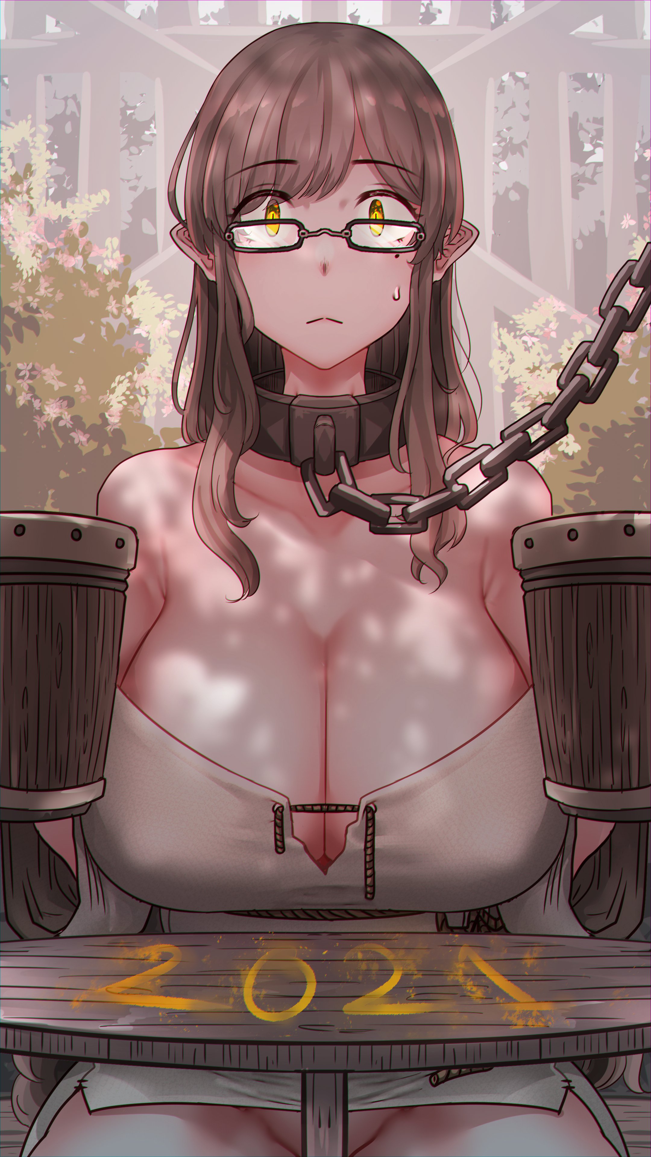 1girls, 2021, big breasts, breasts, brown hair, chain leash, chained, clothing, female, female only, glasses, looking at viewer, mistimagi, mistimagi (character), no panties, original character, prisoner, solo, submissive female, yellow eyes