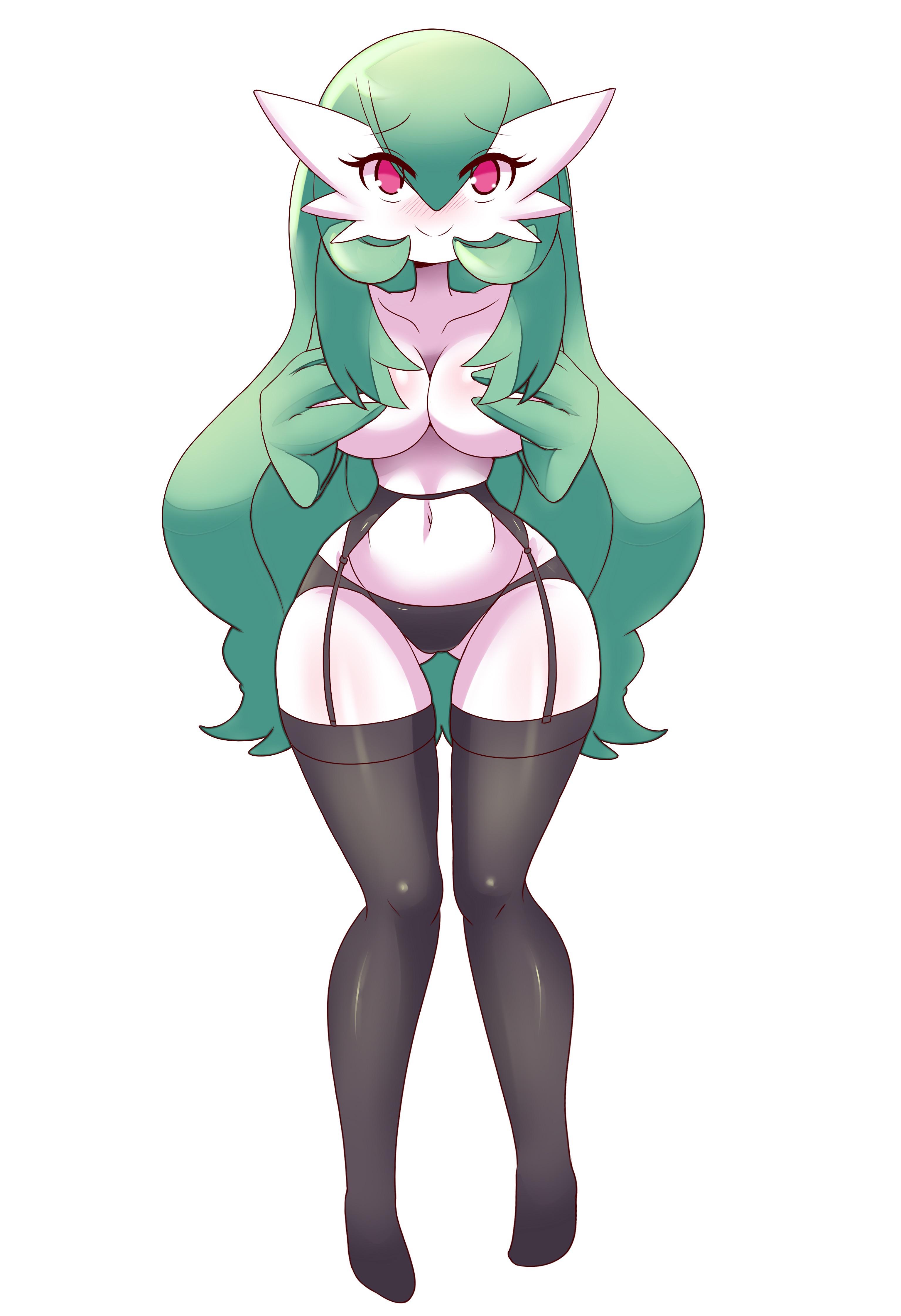 1girls, alternate hairstyle, anthro, black legwear, black panties, black thighhighs, blush, blushing, breasts, closed mouth, clothing, covering breasts, eye contact, female, full body, game freak, gardevoir, garter belt, garter straps, green hair, lingerie, long hair, looking at viewer, lucyfercomic, navel, navel line, nintendo, open eyes, original character, panties, pigeon-toed, pokémon (species), pokemon, pokemon (species), pokemon rse, red eyes, smile, smiling, standing, stockings, tagme, teal hair, thick thighs, thigh gap, thighhighs, turquoise hair, wasp waist, white background, wide hips