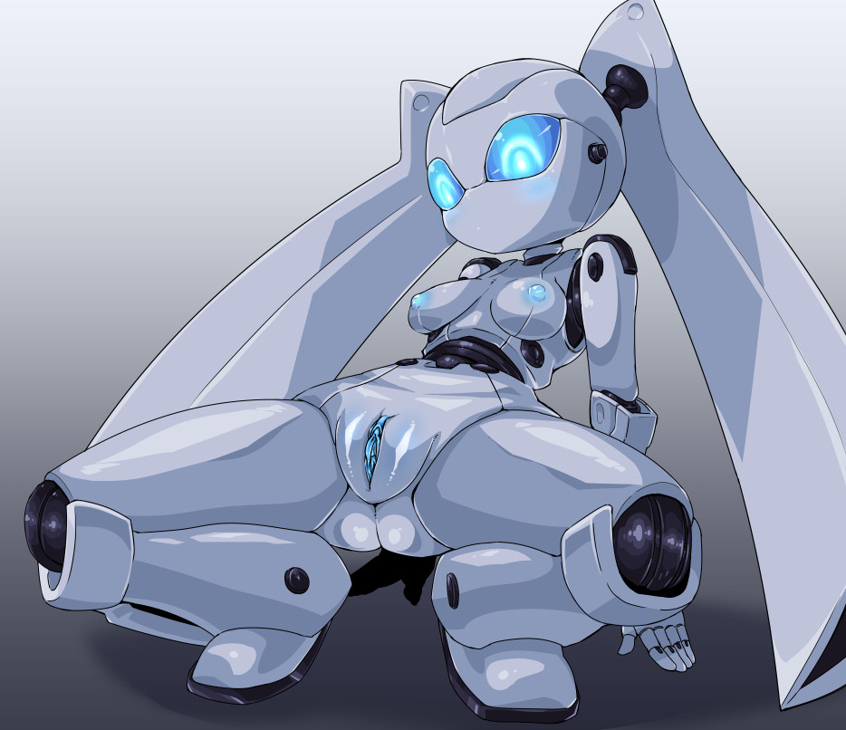 1girls, ass, blue eyes, blue nipples, blue pussy, blush, breasts, clitoris, detailed pussy, disney, drossel von flugel, female, fireball (series), kneeling, looking at penis, looking down, male, nipples, no mouth, no nose, pale skin, penis, pochincoff, pussy, robot, spread legs, uncensored