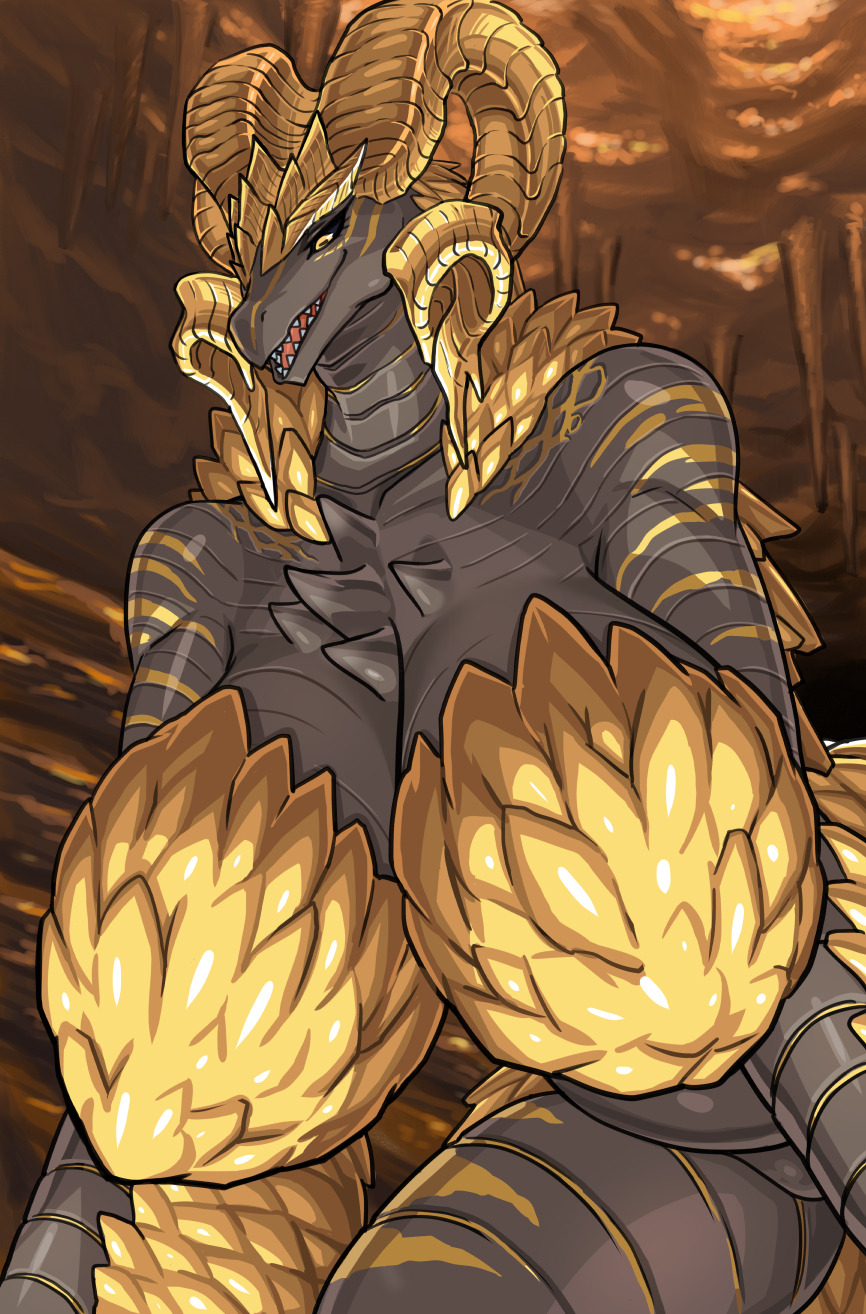 2018 baltan_(artist) big_breasts black_sclera black_skin breasts capcom curly_horn dragon elder_dragon female hi_res huge_breasts hyper_breasts jewelry kulve_taroth large_breasts looking_at_viewer macro monster_hunter monster_hunter_world necklace non-mammal_breasts scalie solo sparkle thick_thighs video_games voluptuous yellow_eyes