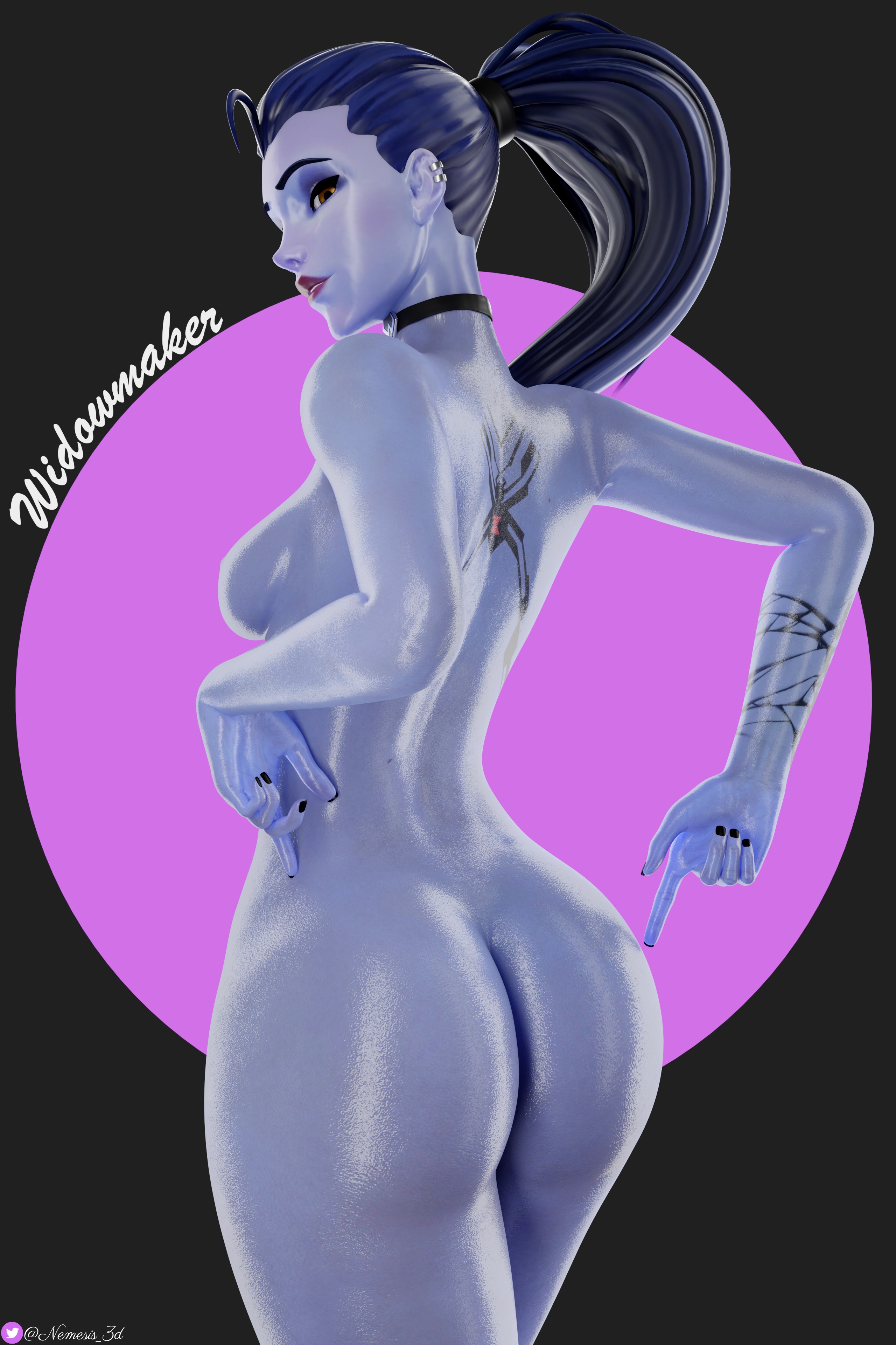 1girls, 3d, absurd res, alternate version available, ass, ass crack, back tattoo, big ass, black nails, blue hair, blue skin, breasts, butt crack, choker, earrings, female, female only, highres, lipstick, looking at viewer, looking back, nemesis 3d, nipples, nude, overwatch, pinup, pointing at self, ponytail, shiny skin, sideboob, solo, tattoo, tied hair, widowmaker, yellow eyes