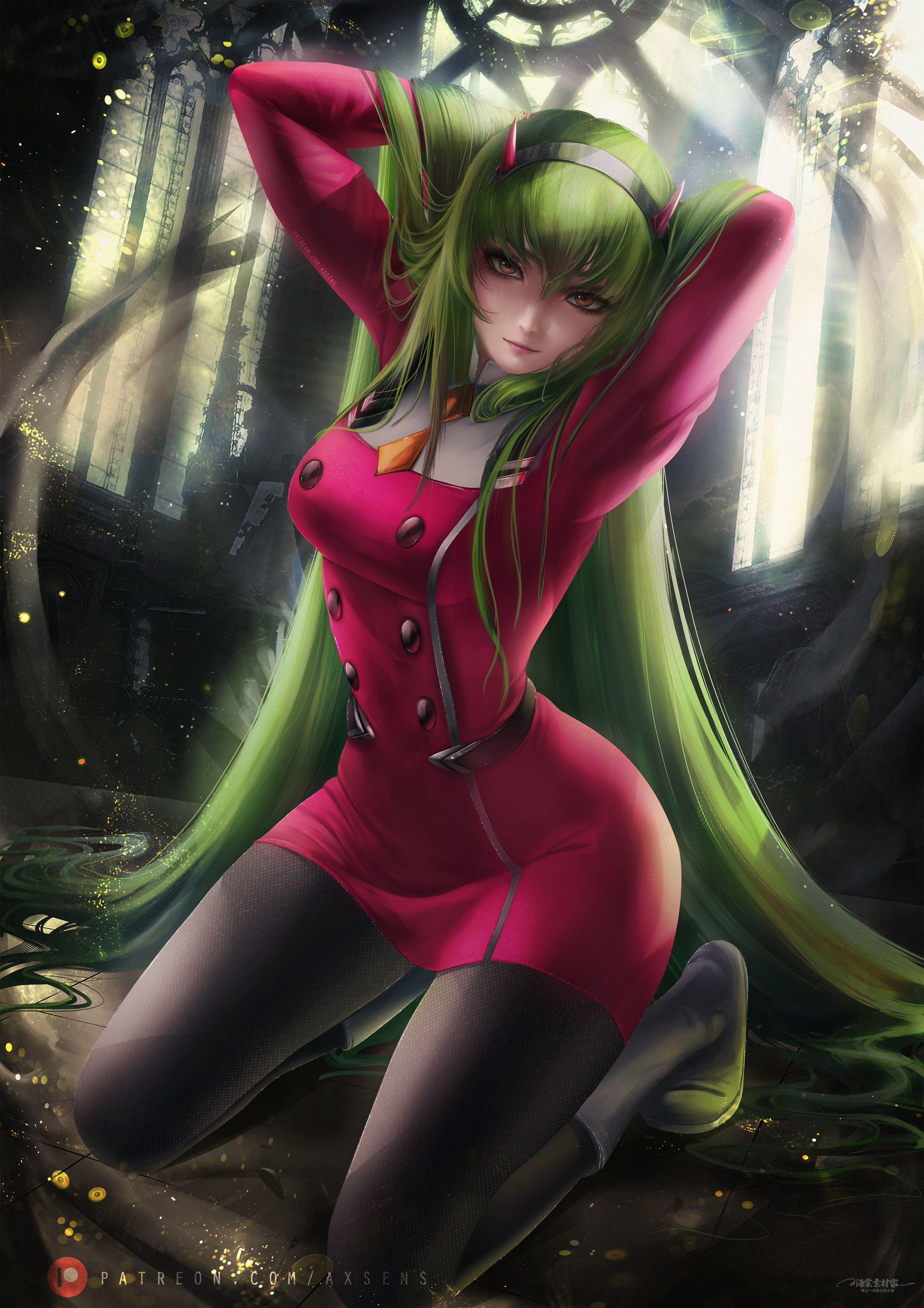 1girls, arms behind head, axsens, boots, c.c., clothed, clothing, coat, code geass, crossover, darling in the franxx, female, fully clothed, green hair, horns, long hair, necktie, on knees, solo, solo female, solo focus, tights, very long hair, yellow eyes, zero two (darling in the franxx), zero two (darling in the franxx) (cosplay)