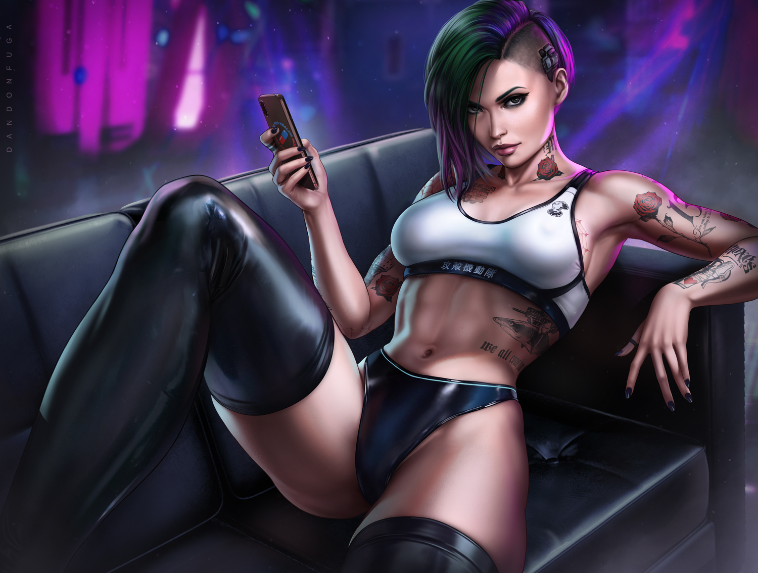 1girls, abs, black panties, breasts, cd projekt red, cellphone, cleavage, couch, cyberpunk 2077, dandon fuga, female, female only, hourglass figure, judy alvarez, looking at viewer, medium breasts, panties, pinup, sitting, smile, solo, sports bra, tattoo, thighhighs